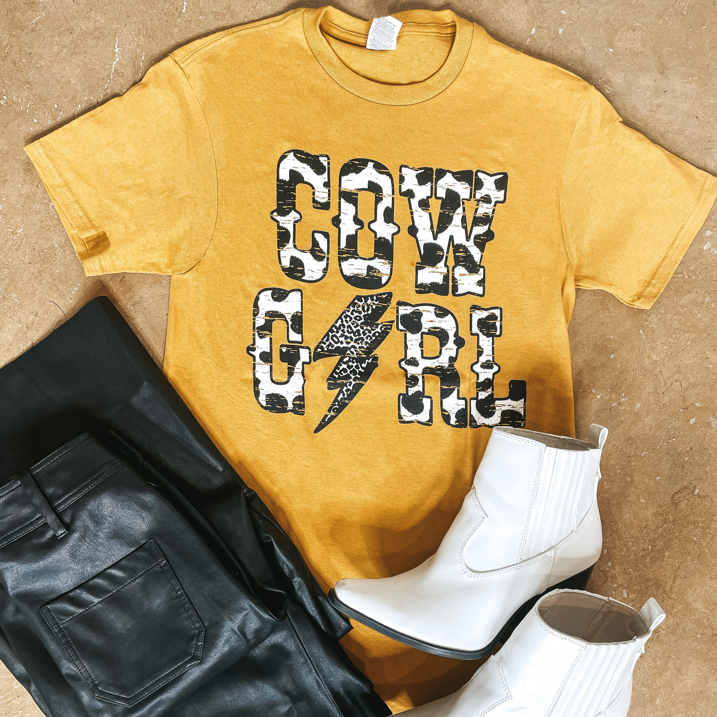 Cowgirl Lightning Bolt Short Sleeve Graphic Tee in Mustard Yellow - Giddy Up Glamour Boutique