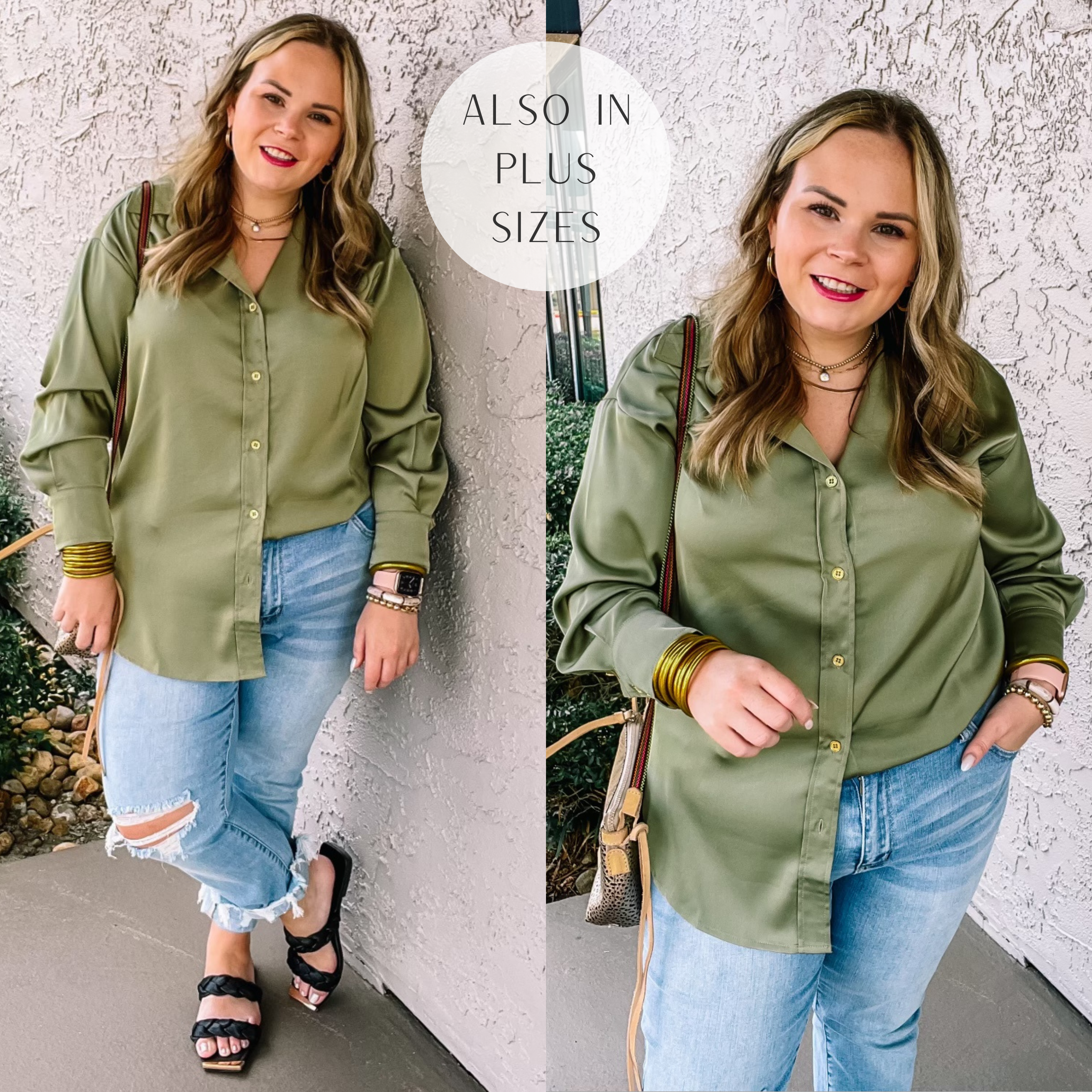 Model is wearing an olive green button up top with long sleeves and a collared neckline. Model has it paired with distressed boyfriend jeans, black sandals, and gold jewelry.