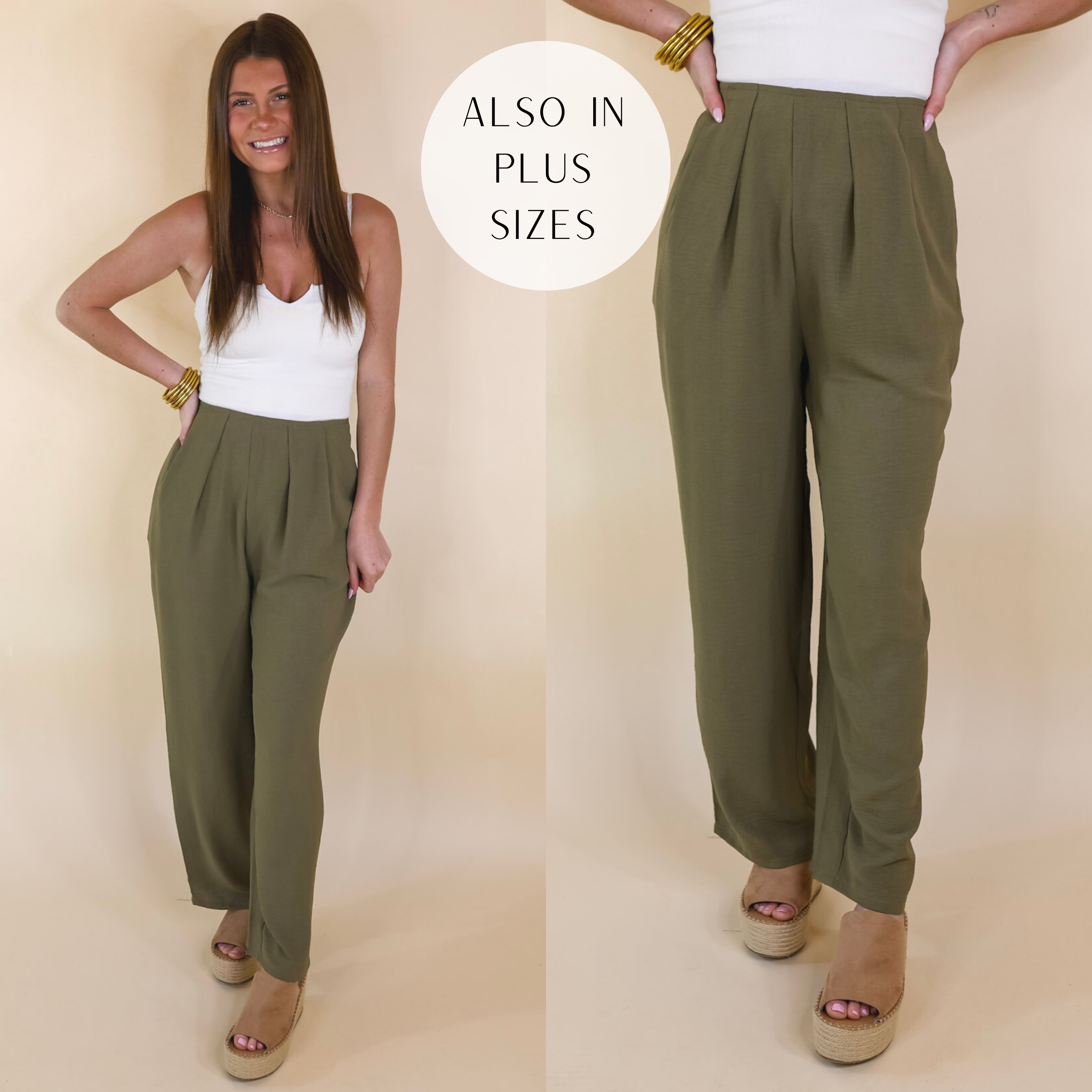 Model is wearing a pair of olive green straight leg pants with pleated detailing on the front waistline. Model has these pants paired with tan wedges, a white tank top, and gold jewelry.