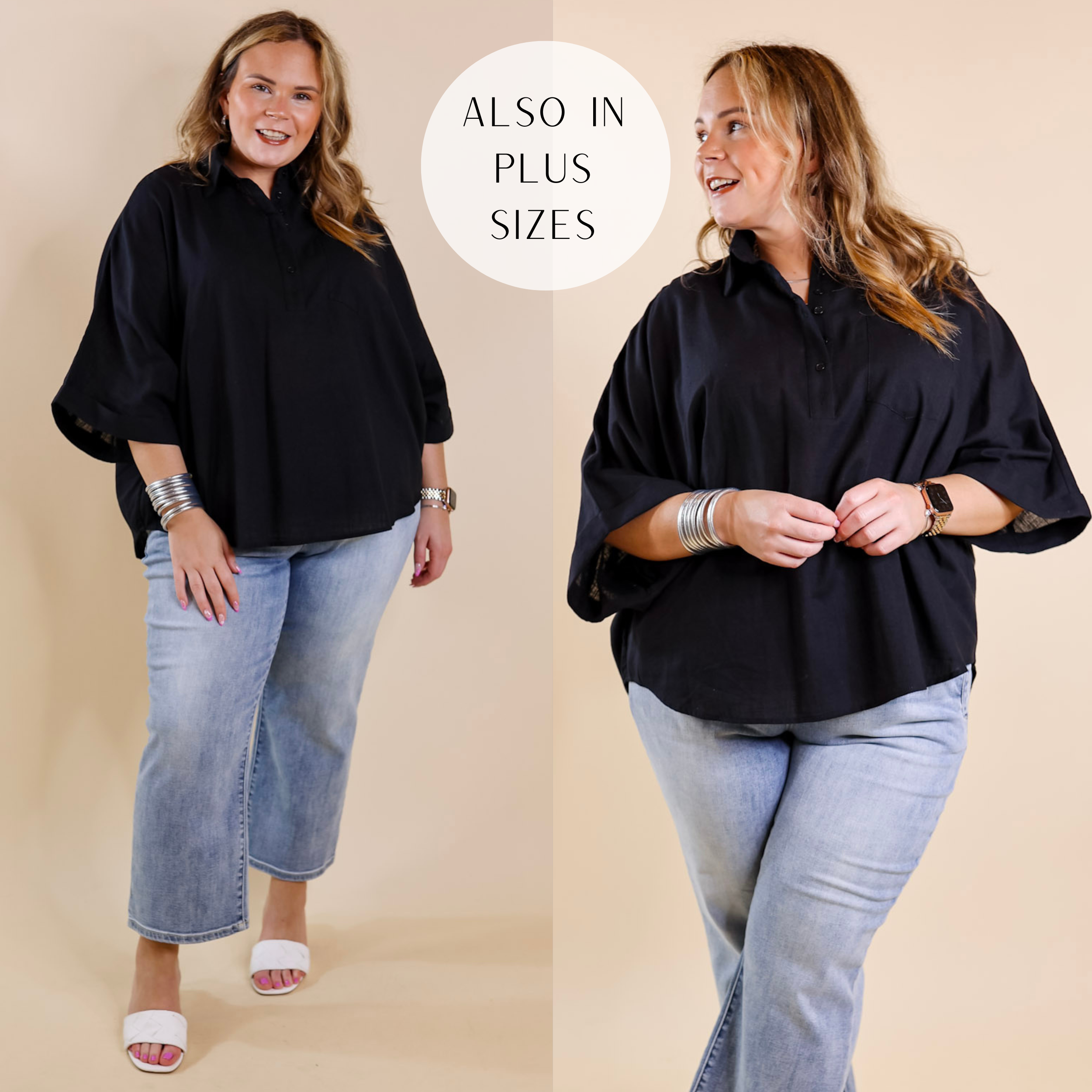 Model is wearing a half button up poncho top with a collared neckline and wide sleeves. Model has it paired with cropped jeans, white sandals, and silver jewelry.
