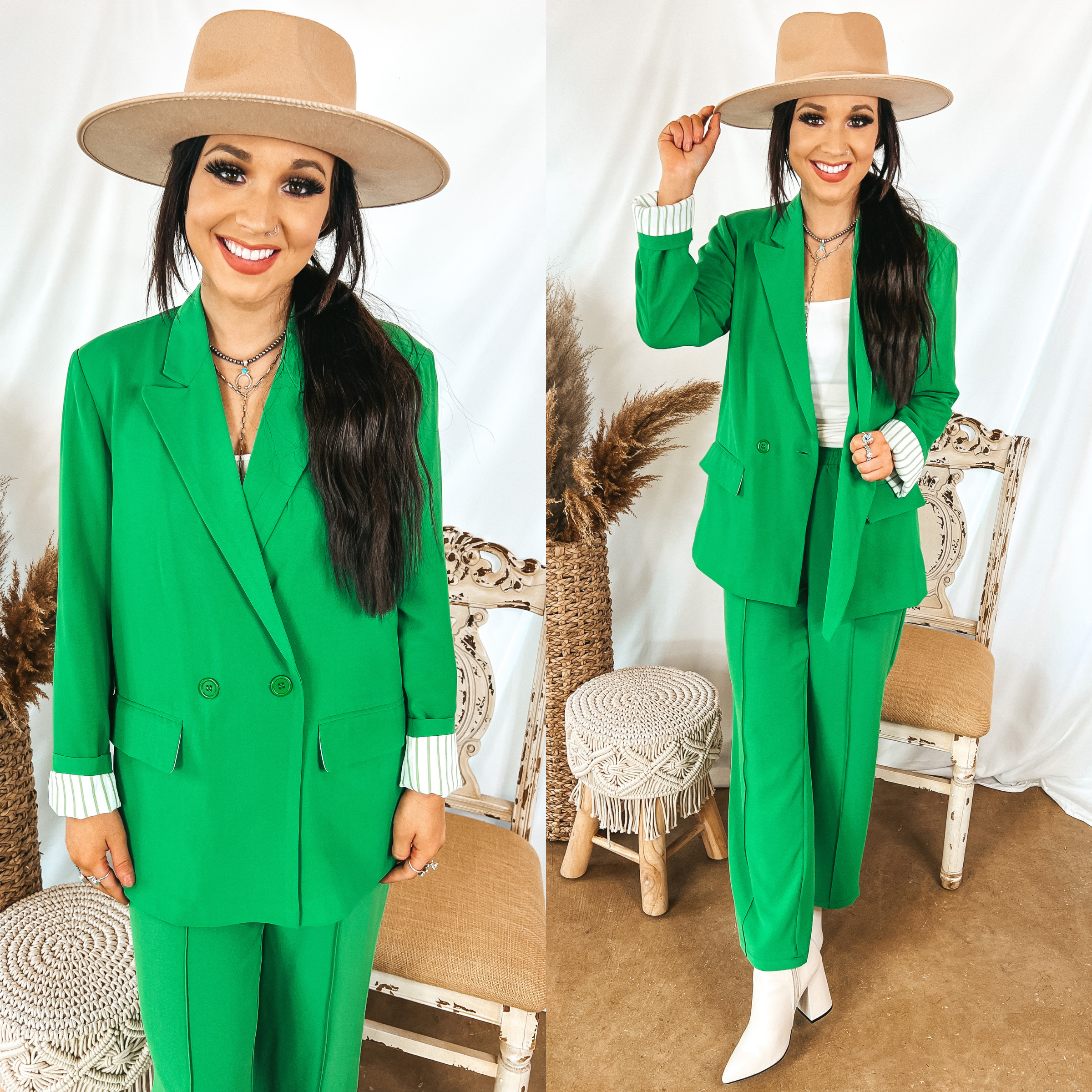 Model is wearing a green blazer set with a white top underneath. Model has it paired with white booties, tan hat, and silver jewelry.