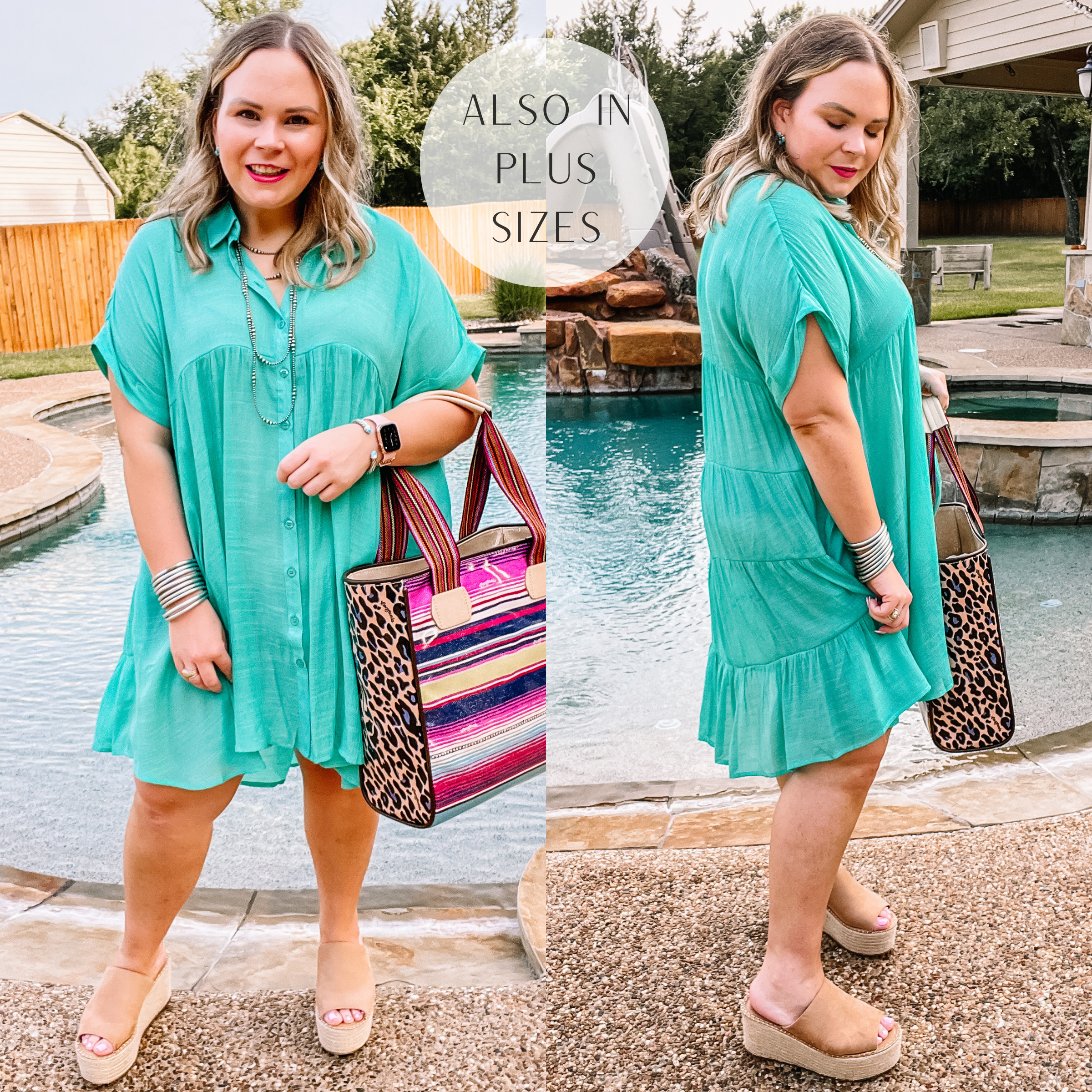 Model is wearing a turquoise blue short sleeve button up dress. Model has it paired with tan wedges, a colorful bag, and silver jewelry.