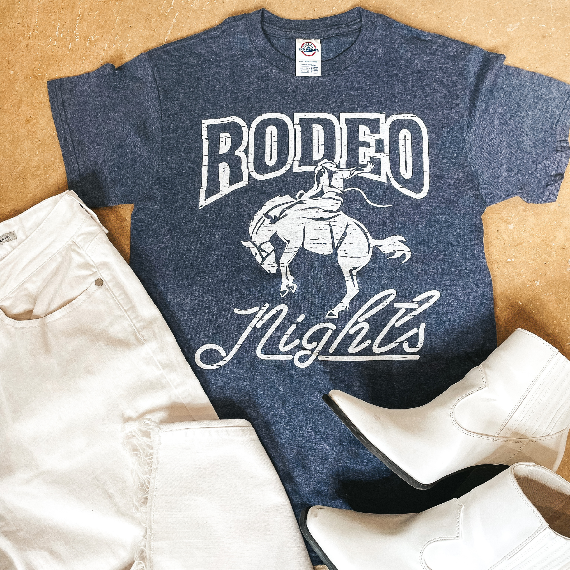 Rodeo Nights Short Sleeve Graphic Tee in Heather Navy - Giddy Up Glamour Boutique