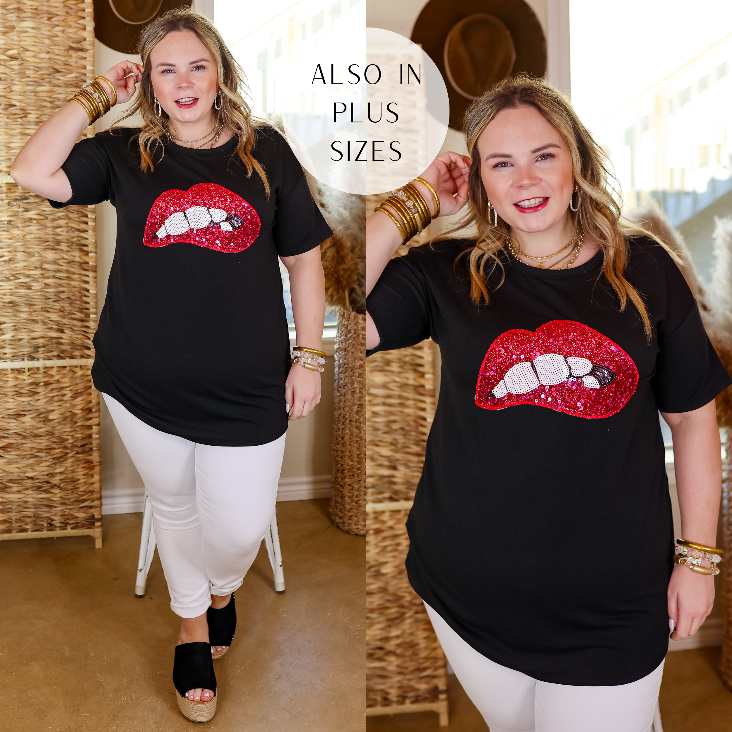 Model is wearing a short sleeve tee with a sequin mouth in the center in black. Model has this tee paired wit white jeans, black wedges, and gold jewelry. 