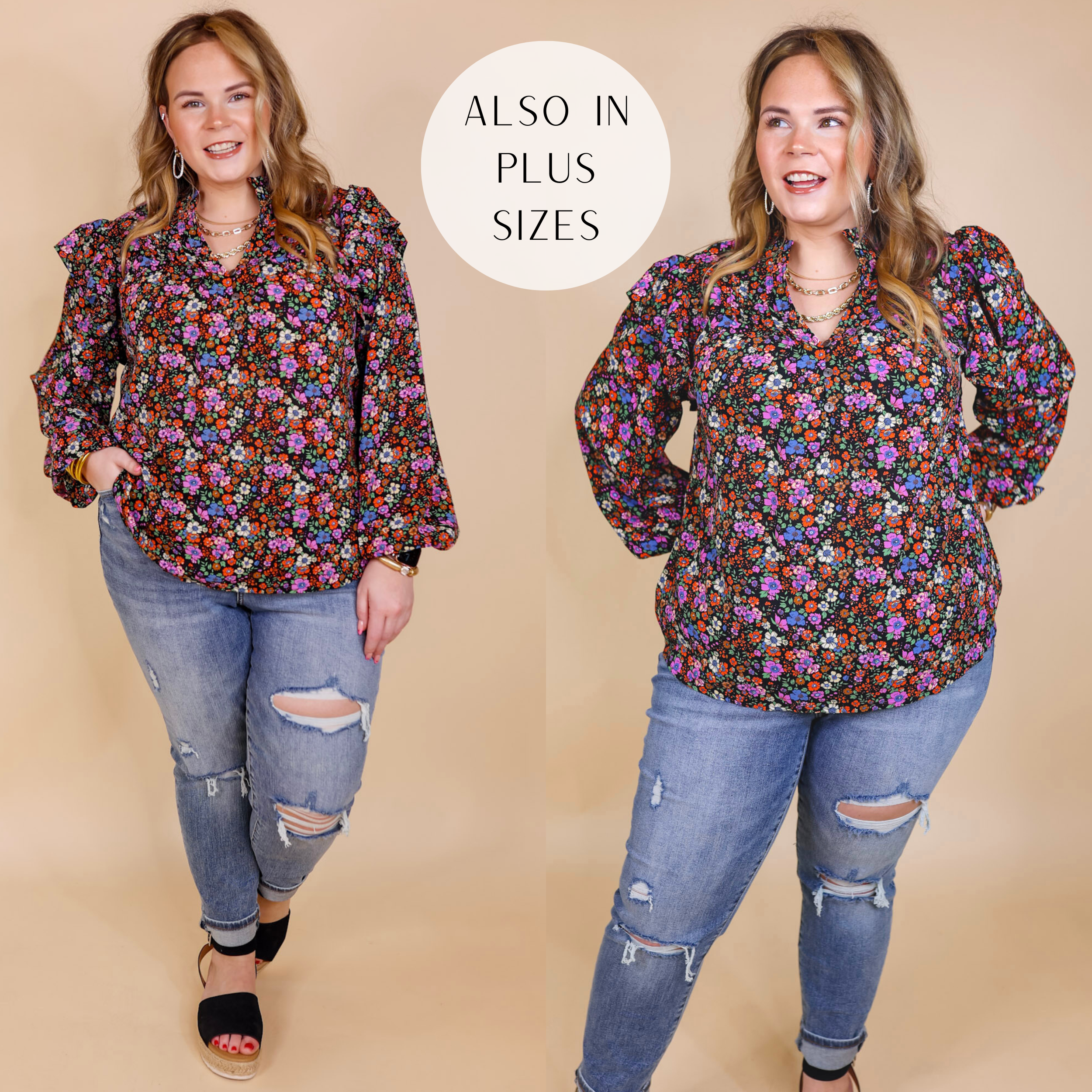 Model is wearing a black floral blouse with long sleeves and ruffles on the shoulder. Model has this top paired with black sandals, distressed skinny jeans, and gold jewelry.