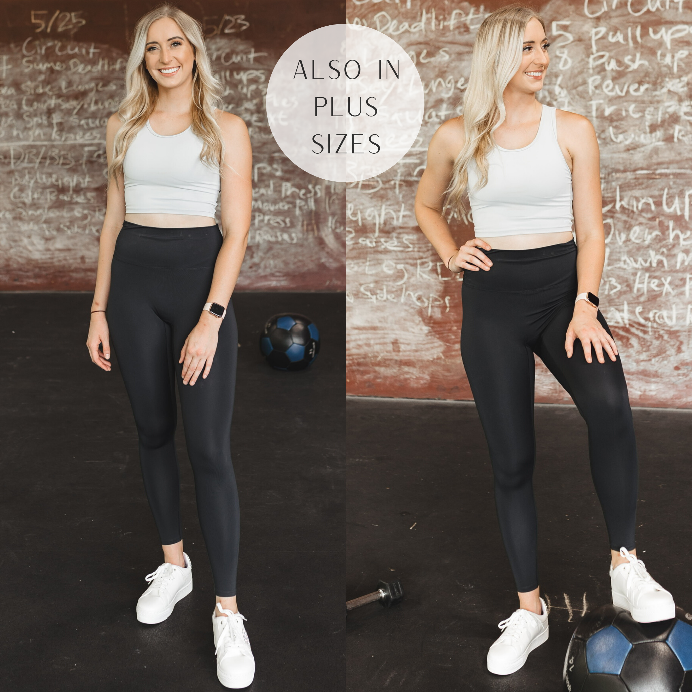 Model is wearing a pair of solid black leggings with a high waistline. Model has it paired with a grey sports bra, white sneakers, and gold jewelry.