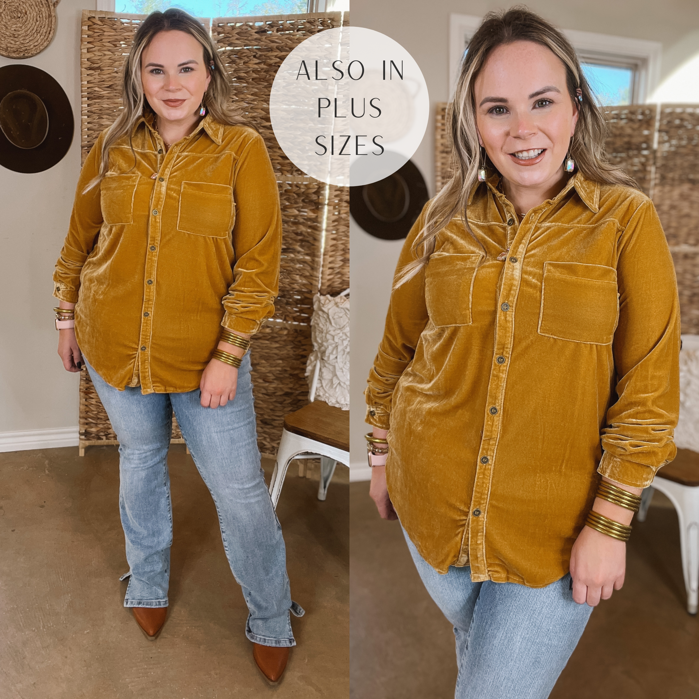 Model is wearing a mustard velvet top with long sleeves, chest pockets, a button up front, and a collared neckline. Model has it paired with light wash bootcut jeans, black booties, and gold jewelry.
