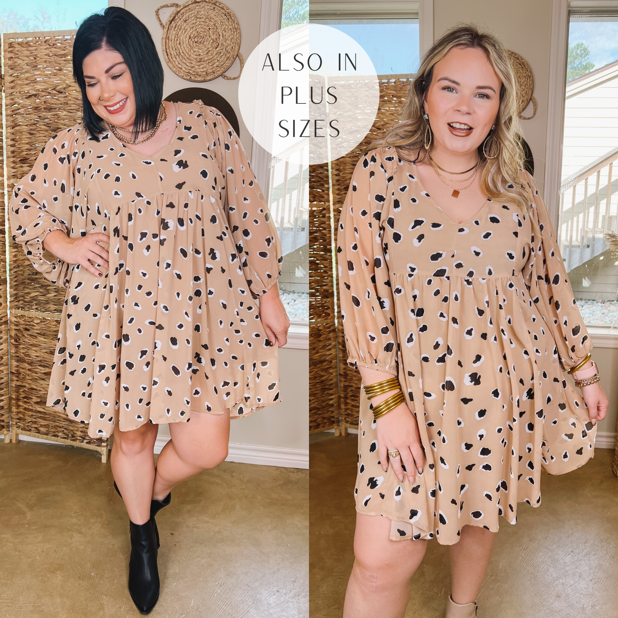 Models are wearing a taupe v neck short dress with a taupe dotted print and half sleeves. Size large model has it paired with taupe booties and gold jewelry. Plus size model has it paired with black booties and gold jewelry.