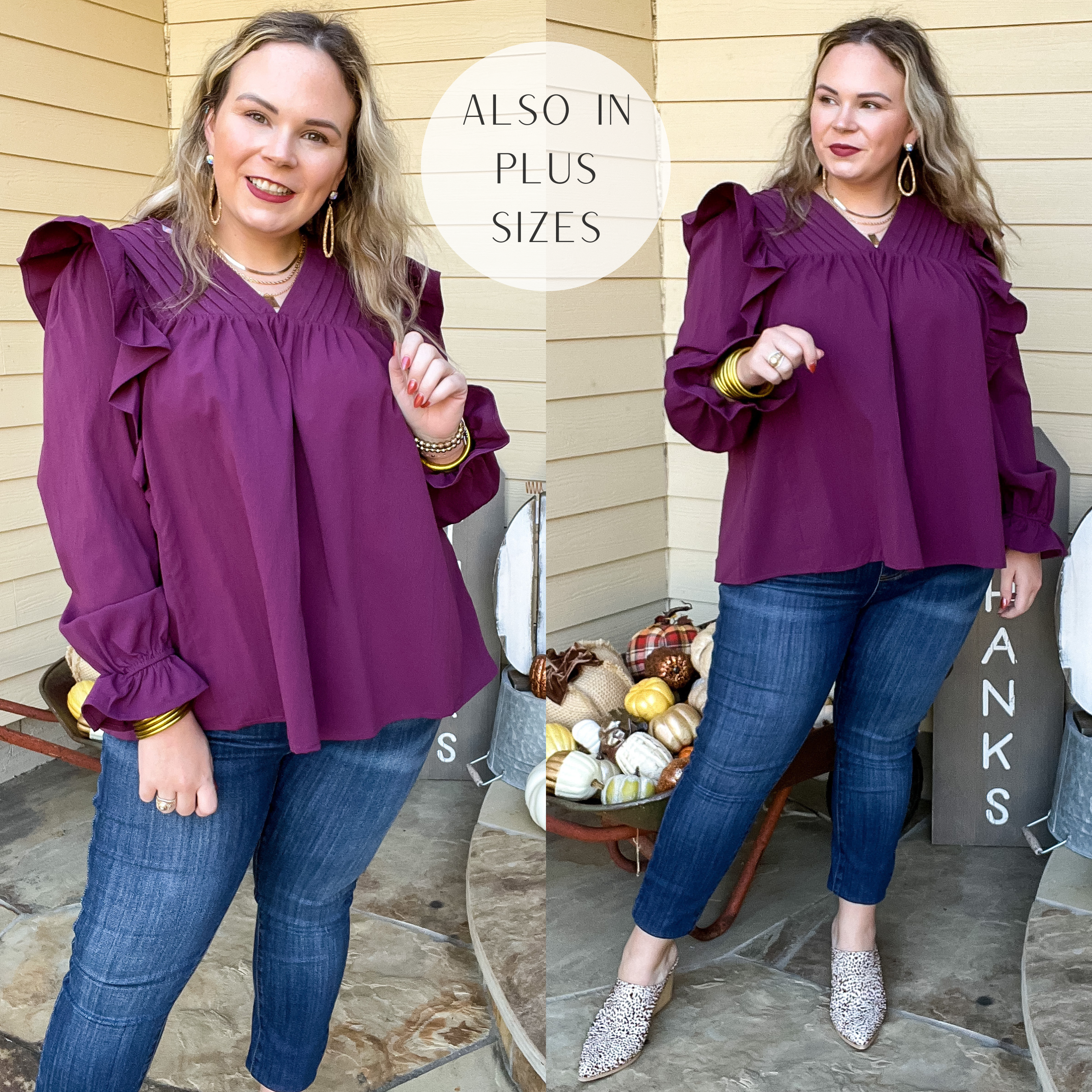 Model is wearing a long sleeve top with pleated and ruffle details. Model has it paired skinny jeans, leopard print mules, and gold jewelry.