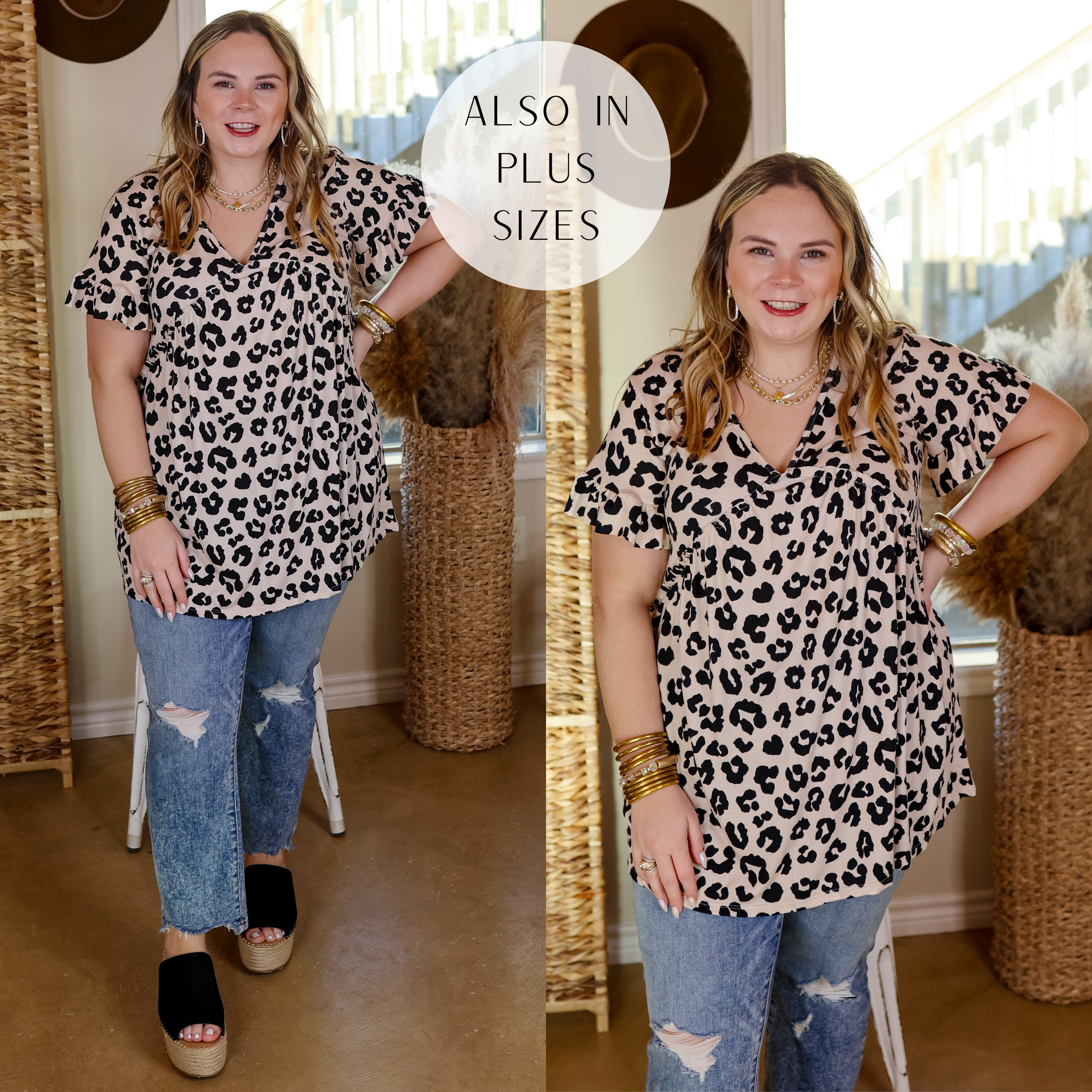 Model is wearing a sleeve babydoll top with a v neck in leopard. Model has this top paired with straight leg jeans, black wedges and gold jewelry. 