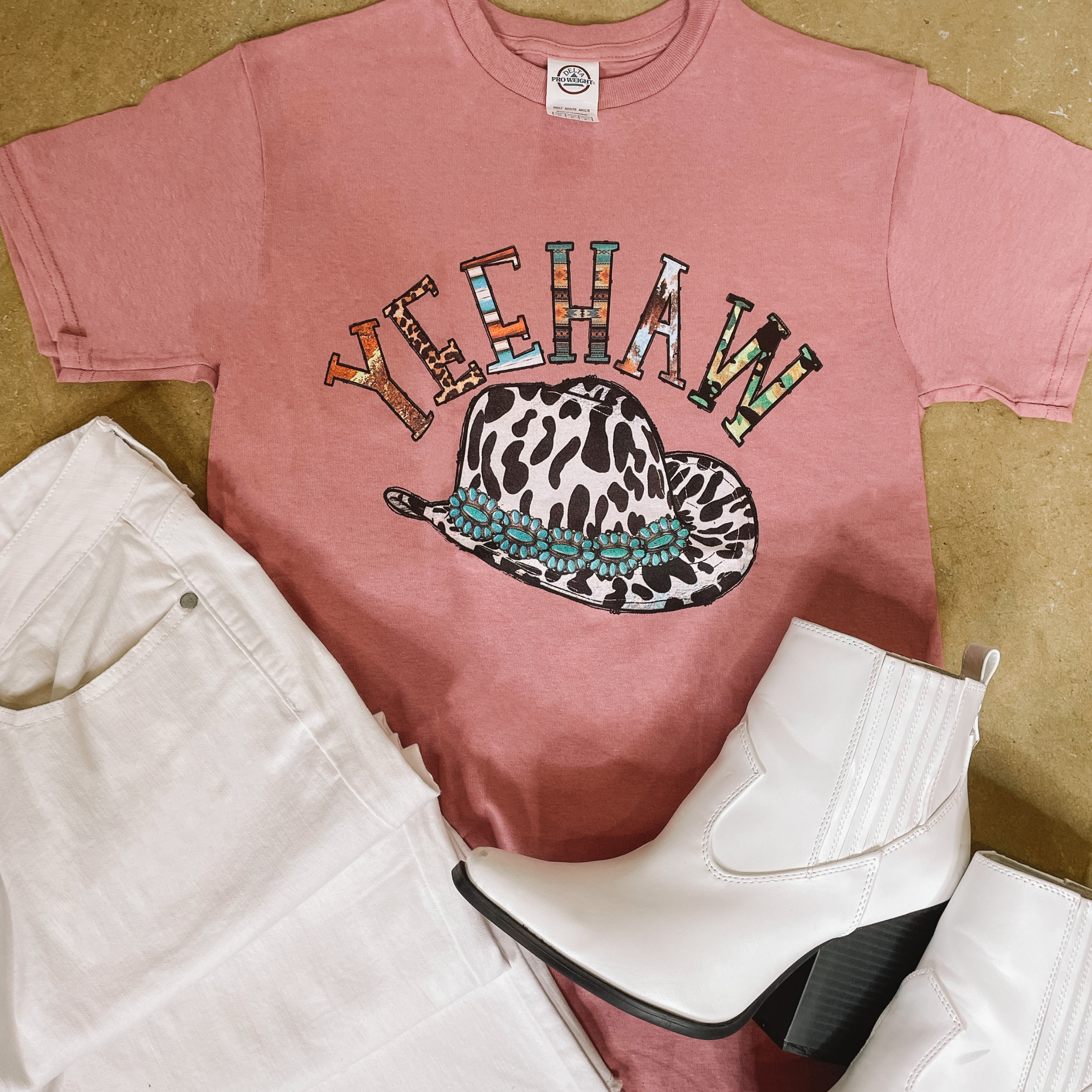 YeeHaw Mix Print Short Sleeve Graphic Tee in Mauve Pink - Giddy Up Glamour Boutique
