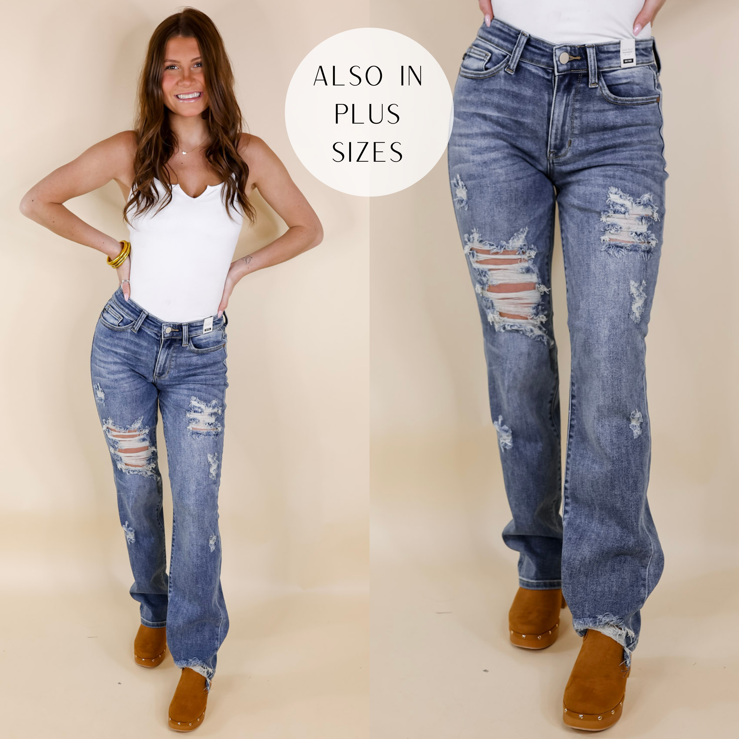 Model is wearing a pair of medium wash jeans with a straight leg fit and lots of distressing. Model has it paired with brown clogs, a white bodysuit, and gold jewelry.