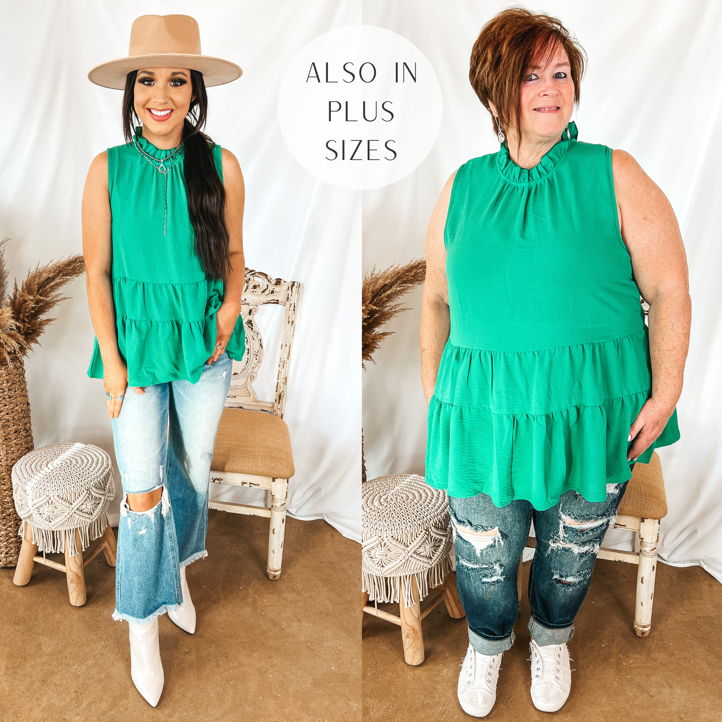 Models are wearing a green high neck tank top that has a tiered body. Size small model has it paired with cropped jeans, white booties, and a tan hat. Plus size model has it paired with distressed jeans, white sneakers, and silver jewelry.