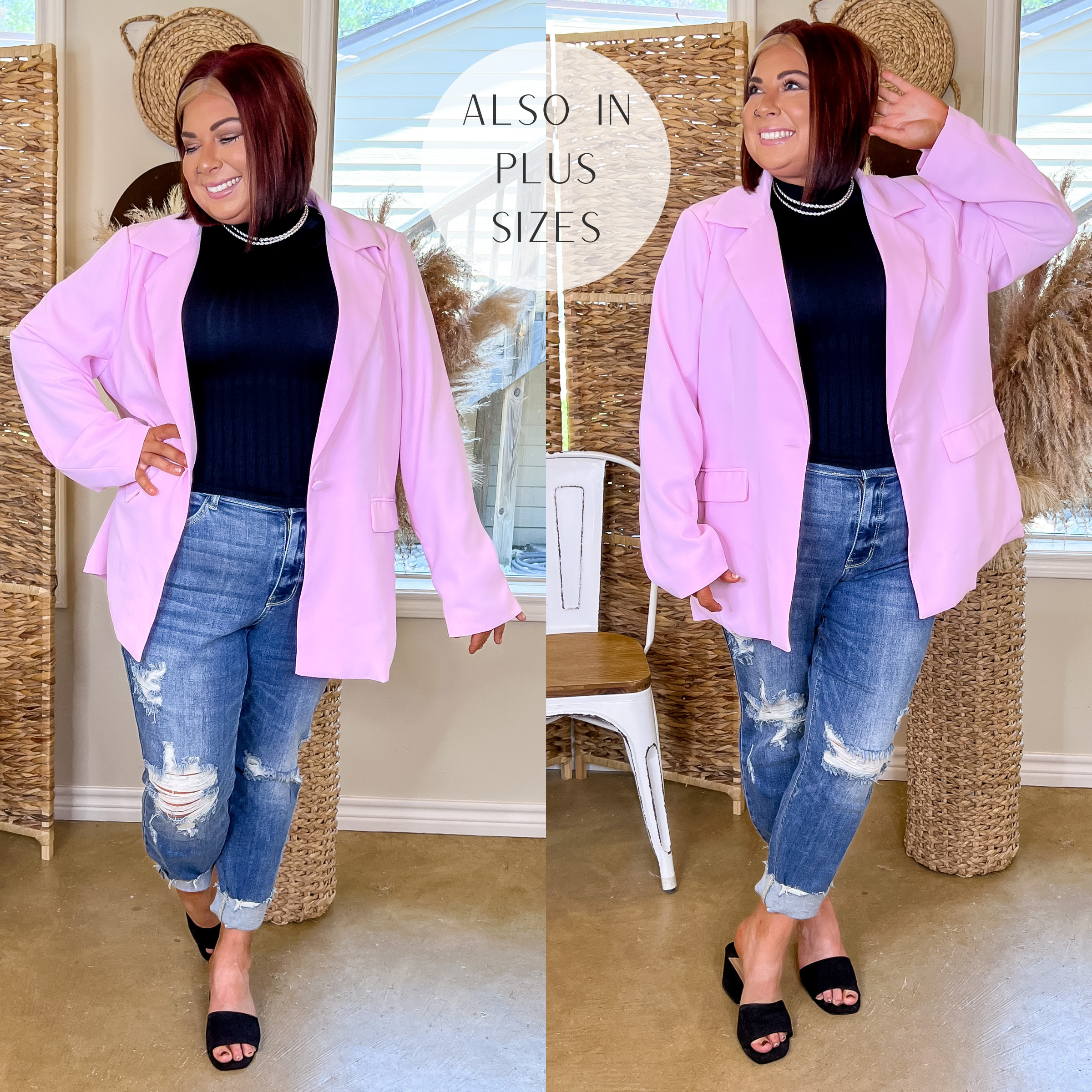 Model is wearing a light pink blazer with long sleeves, pockets, and a collared neckline. Model has it on over a black turtle neck top, distressed jeans, black heels, and silver jewelry.