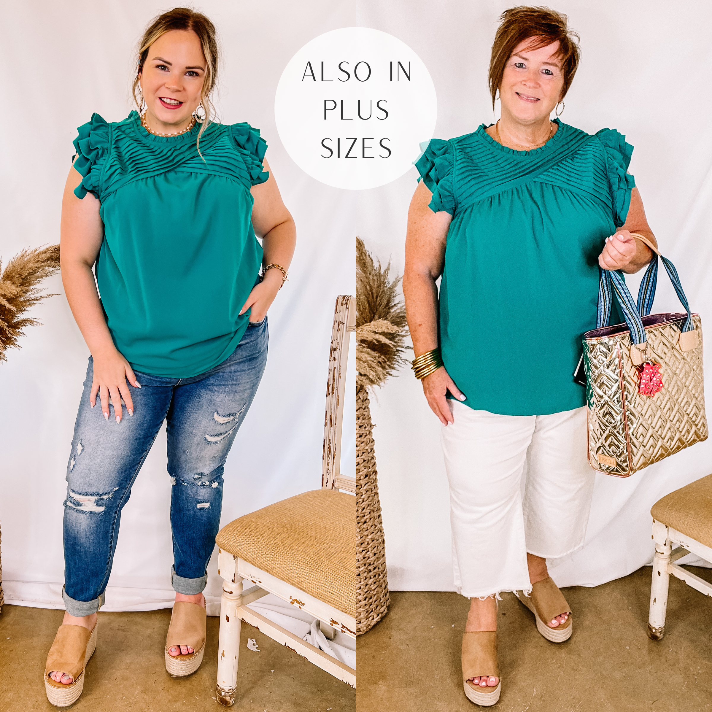Model is wearing a teal green blouse with ruffle cap sleeves and pleated detailing around the neckline. Model has this top paired with distressed skinny jeans, tan wedges, and gold jewelry.