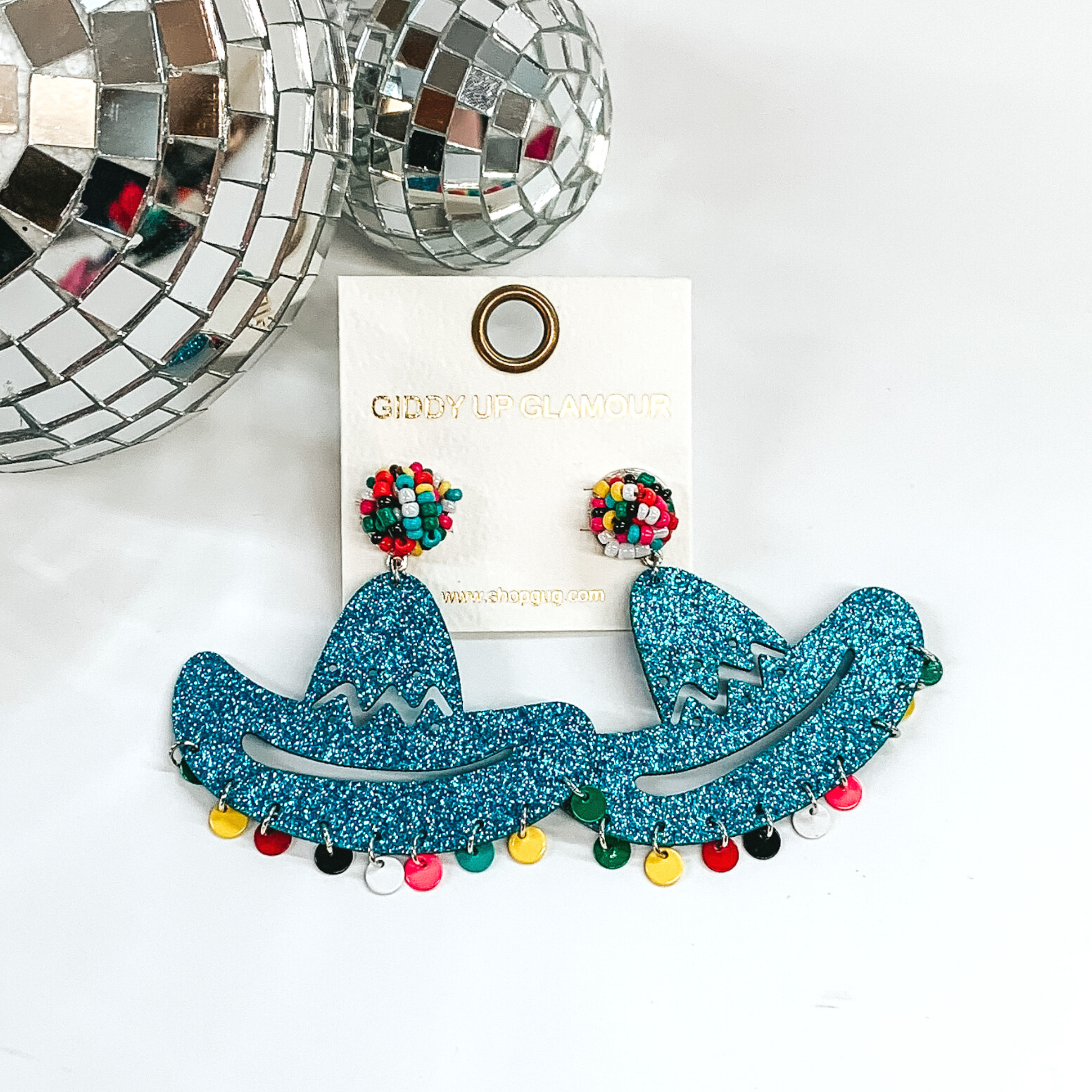 Let's Fiesta! Glitter Hat Earrings In Turquoise - Giddy Up Glamour Boutique