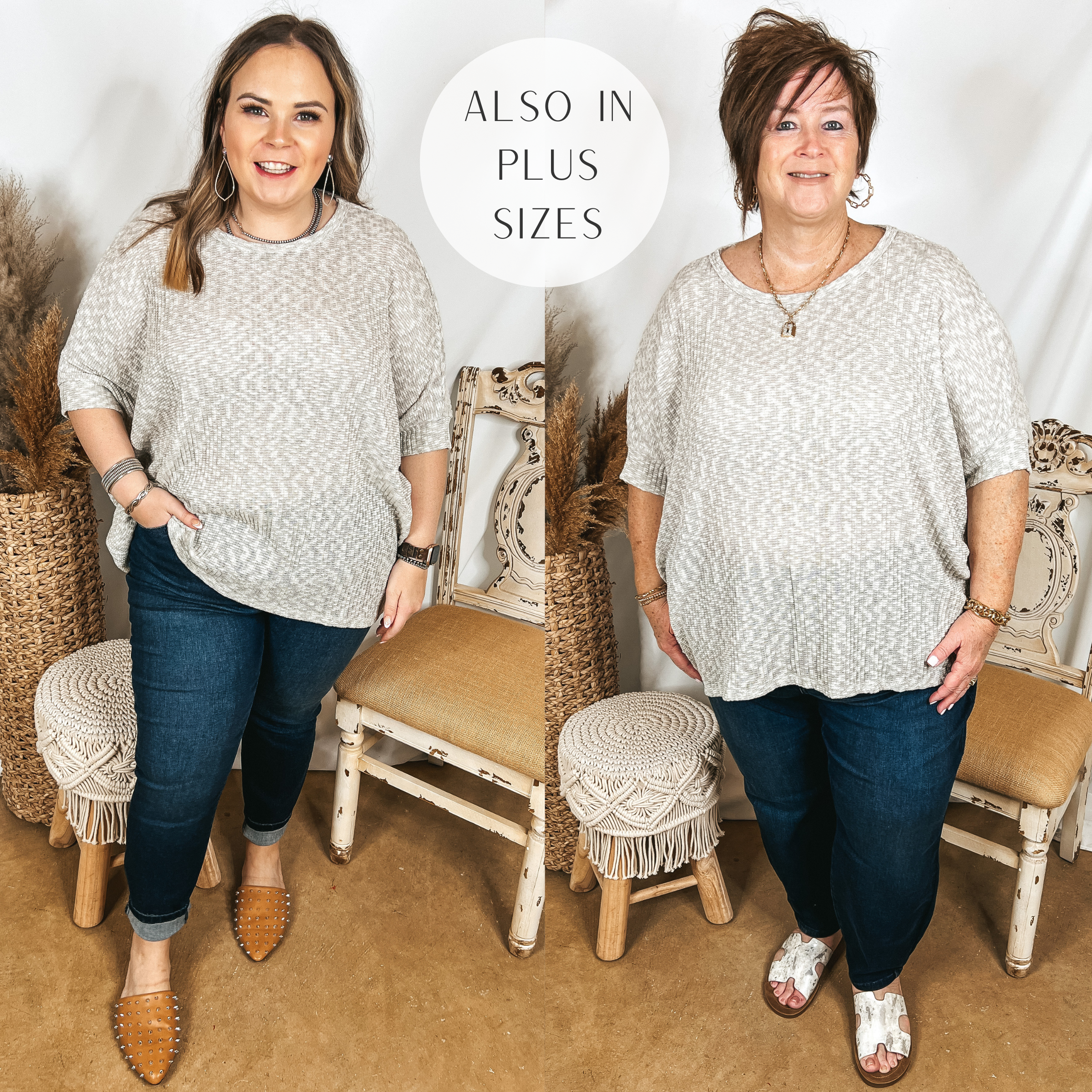 Models are wearing a grey knit poncho top. Both models have it paired with dark wash, non-distressed jeans. Size large model has it paired with tan studded mules and silver jewelry. Plus size model has it paired with white sandals and gold jewelry.