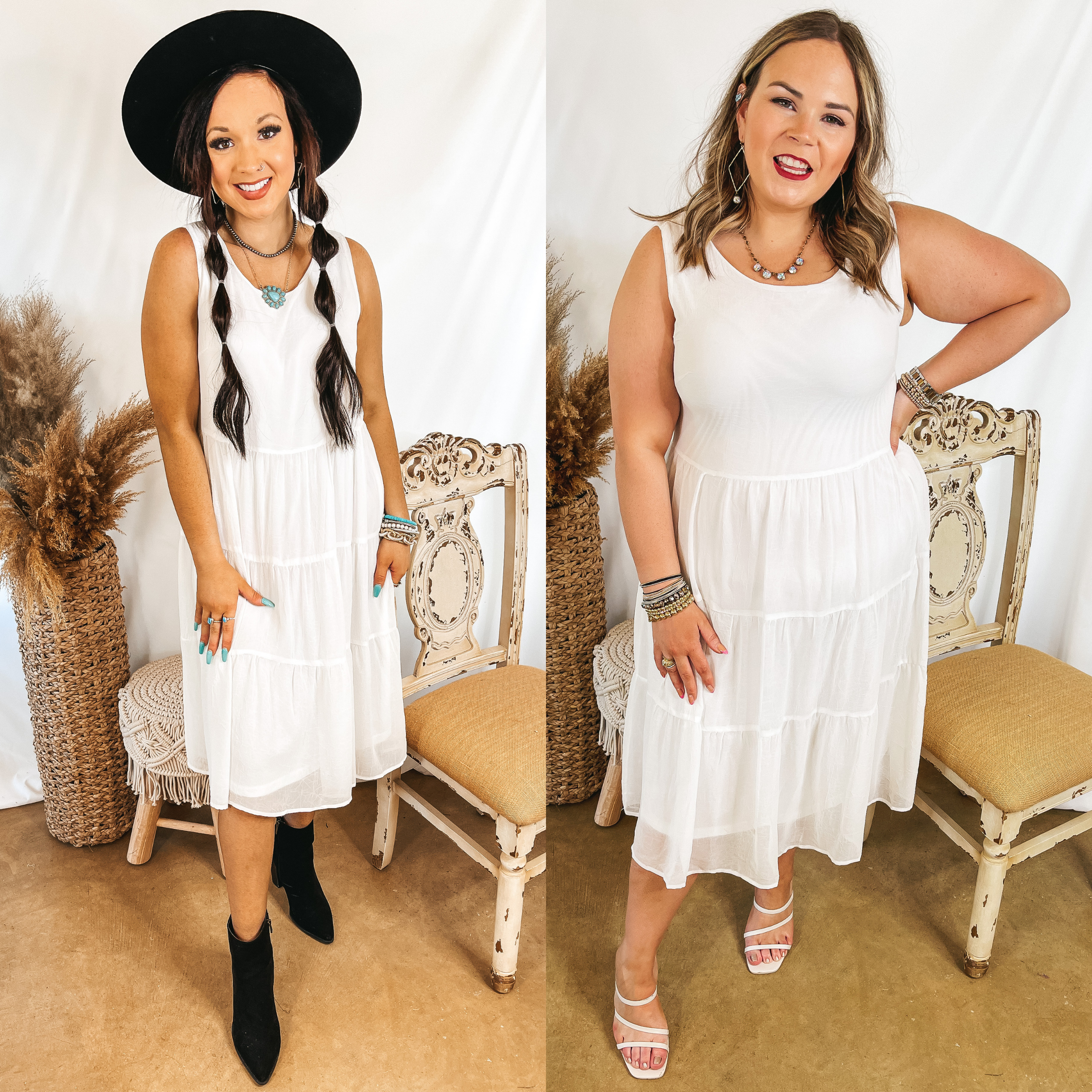 Models are wearing a white tank dress that is tiered. Size small model has it paired with a black hat and black booties. Size large model has it paired with white strappy heels and crystal jewelry.