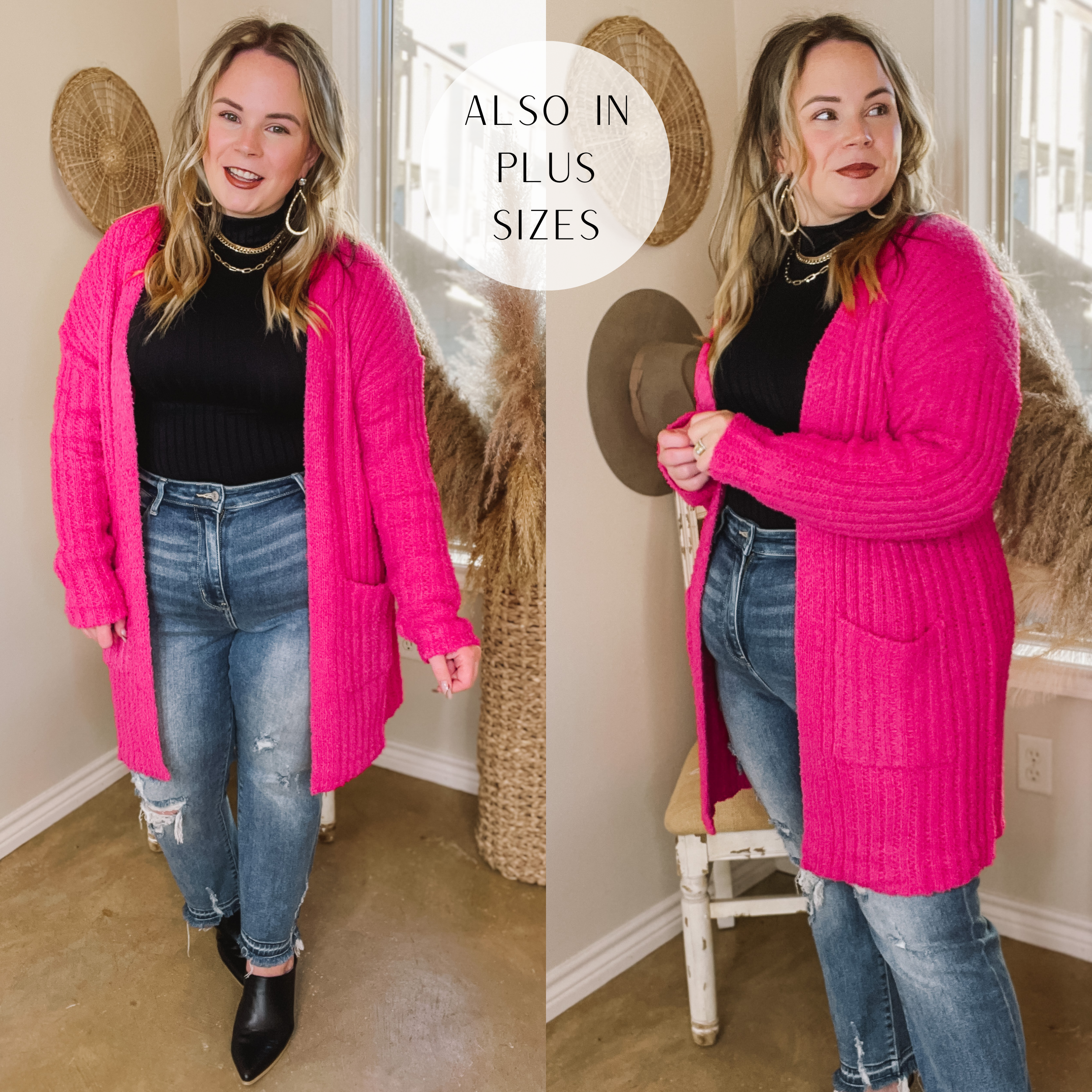 Model is wearing a black undershirt with a hot pink long sleeve cardigan. Model has this paired with skinny, ankle jeans, black mules, and gold jewelry. Background is hues of white and brown.