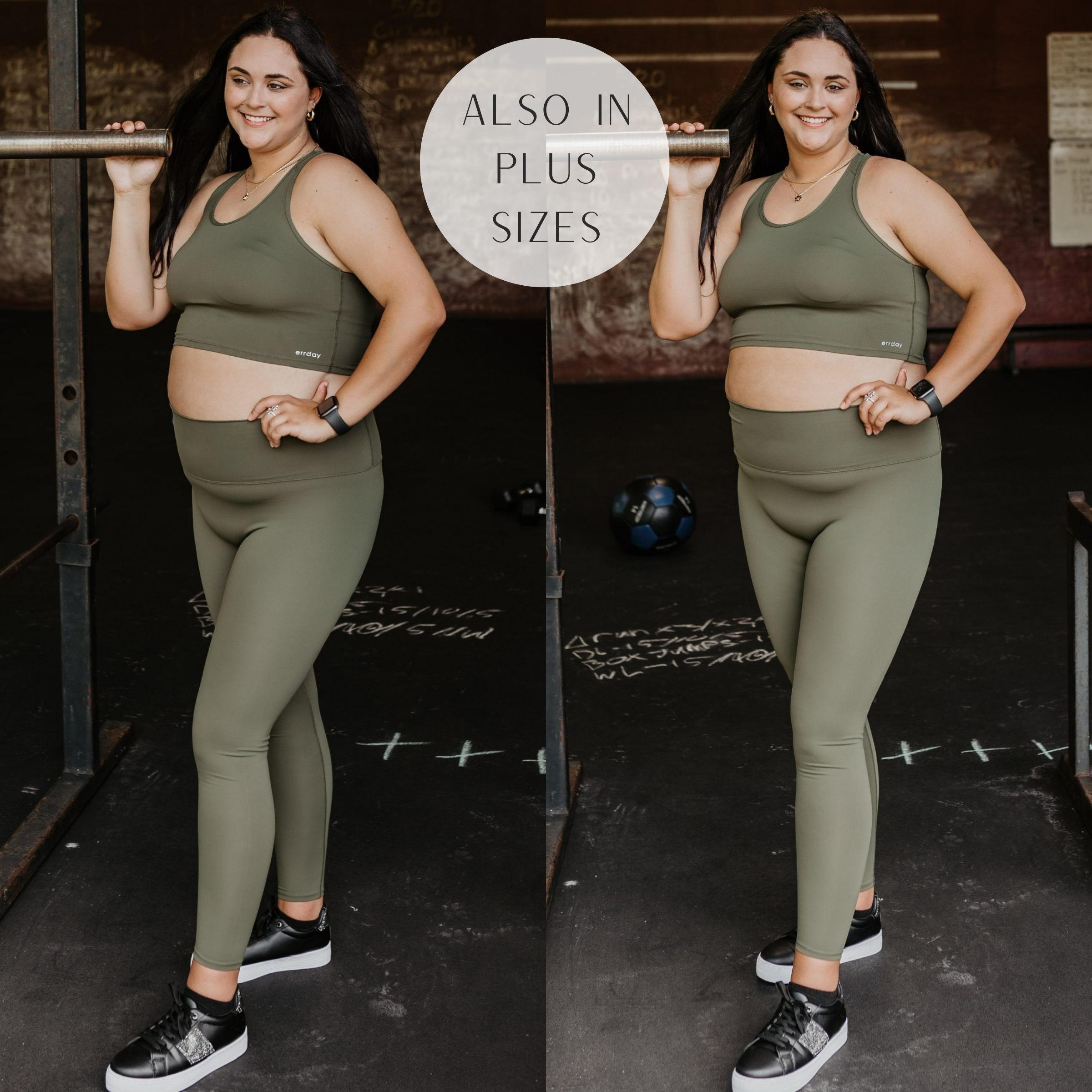Model is wearing a pair of olive green leggings with a high waist. Model has them paired with gold jewelry, black sneakers, and a matching olive sports bra.