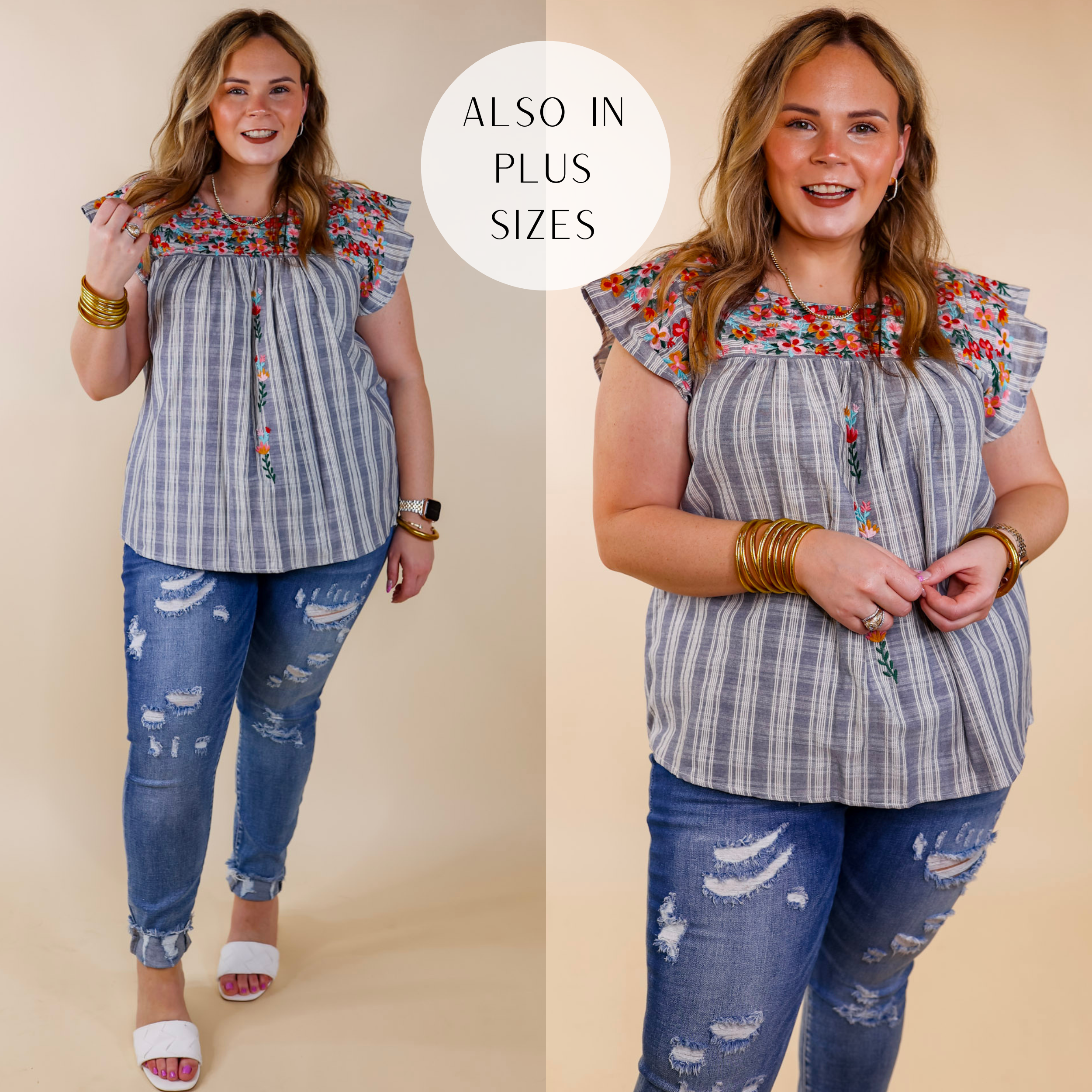 Model is wearing a blue and ivory striped top with colorful floral embroidery around the neckline. Model has it paired with distressed skinny jeans, white heels, and gold jewelry.