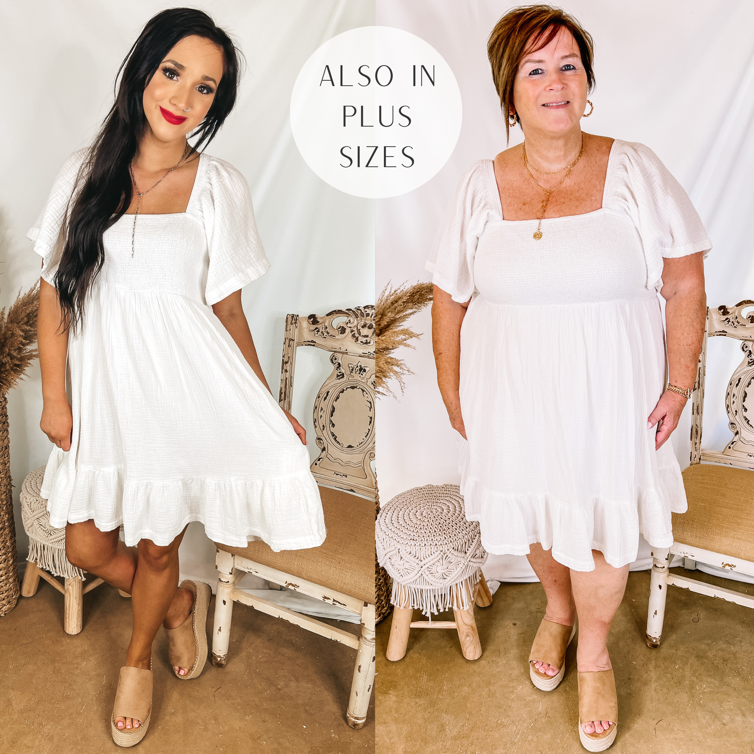 Models are wearing a white short dress that has a ruffle hemline. Size small model has it paired with tan wedges and silver jewelry. Plus size model has it paired with tan wedges and gold jewelry.