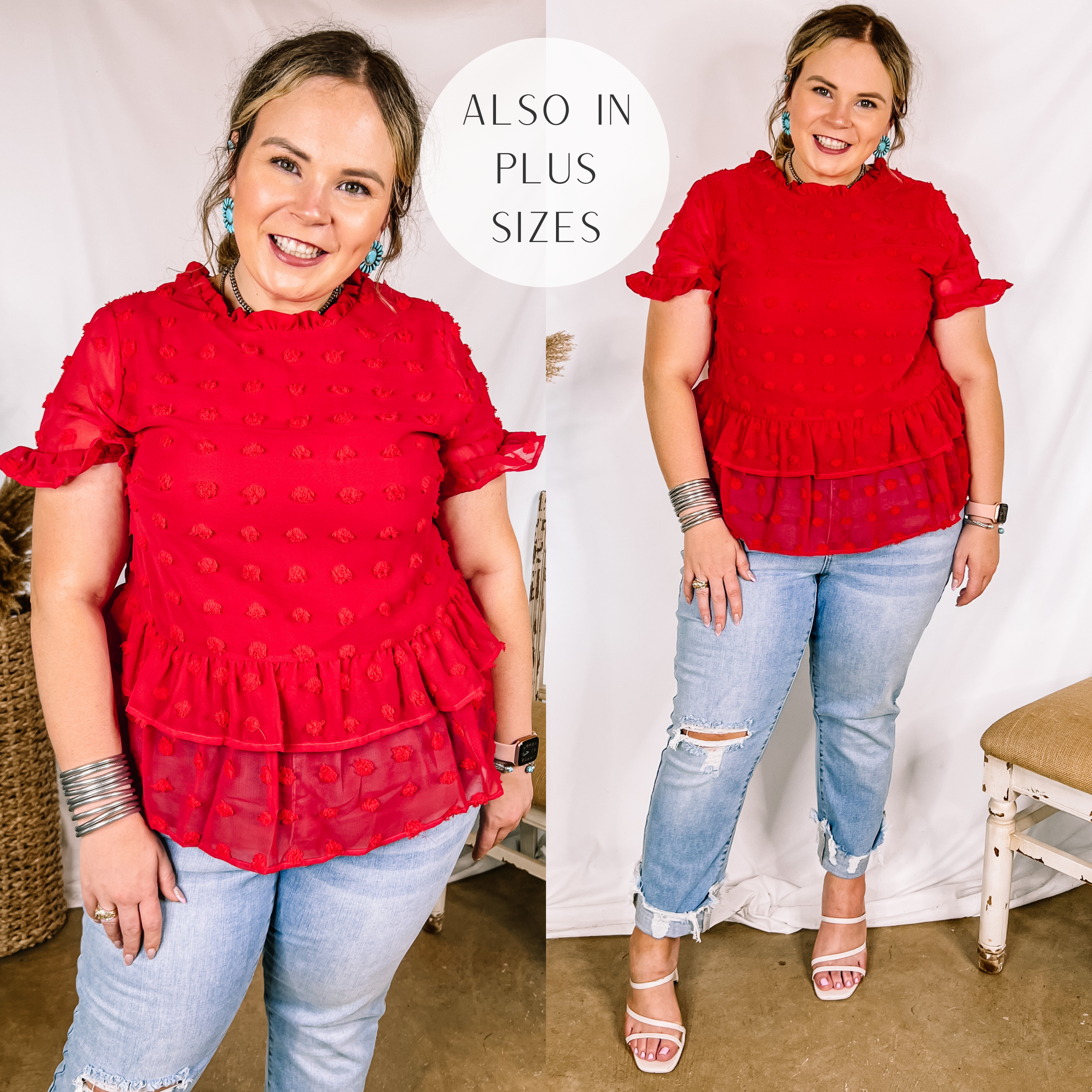 Model is wearing a red peplum blouse with a swiss dot pattern. Model has it paired with distressed light wash jeans, white strappy heels, and sterling silver jewelry.