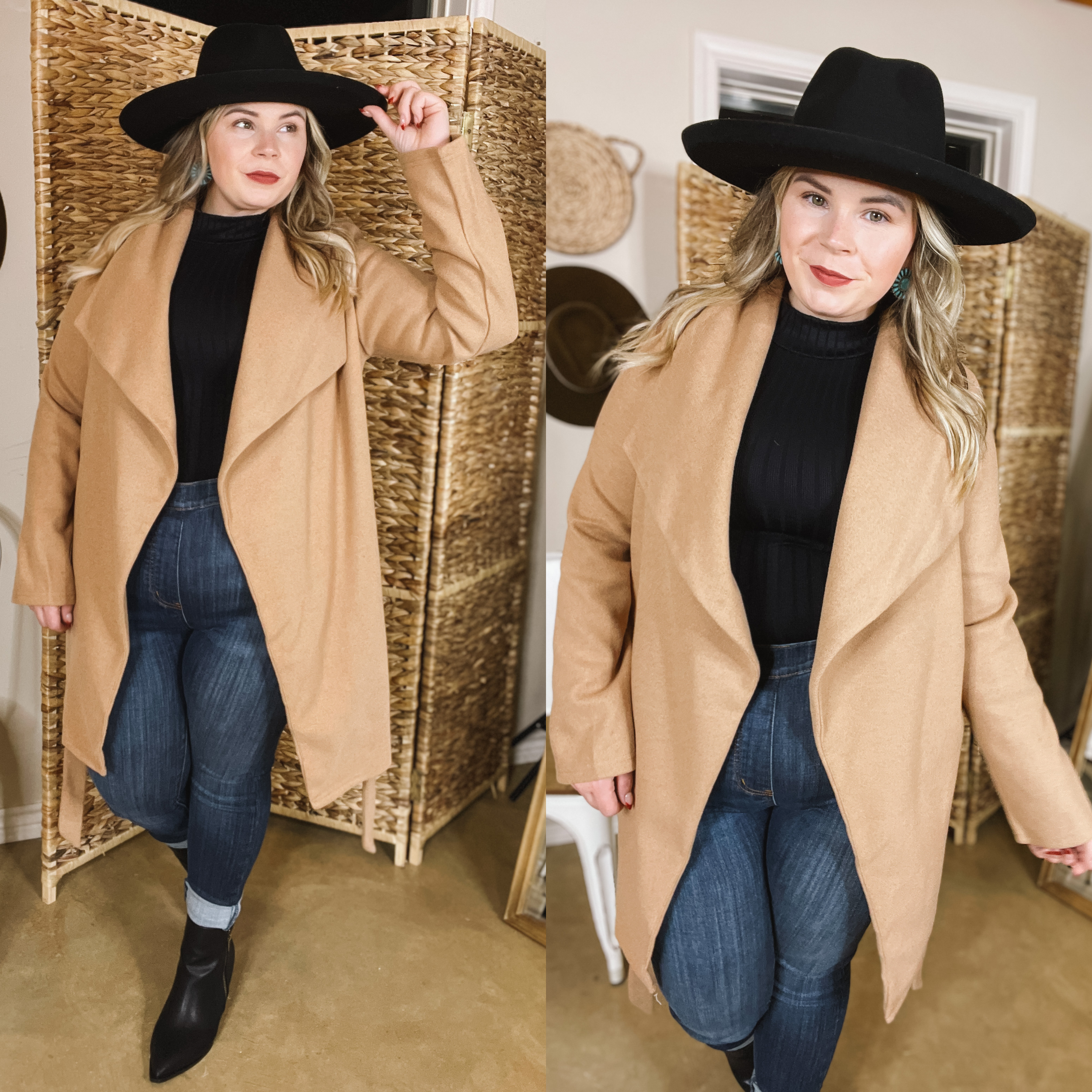 Model is wearing a brown, open front jacket with a tie around the waist. Model has this paired with dark-wash skinny jeans, black booties, a black hat, and gold jewelry. 