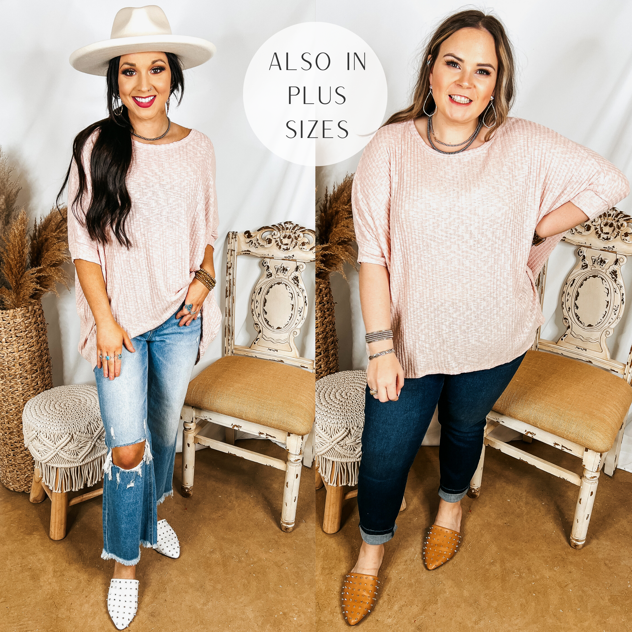 Models are wearing a blush pink poncho top that has short sleeves. Size small model has it paired with cropped distressed jeans, white mules, and an ivory hat. Size large model has it paired with dark wash jeans, tan mules, and silver jewelry.