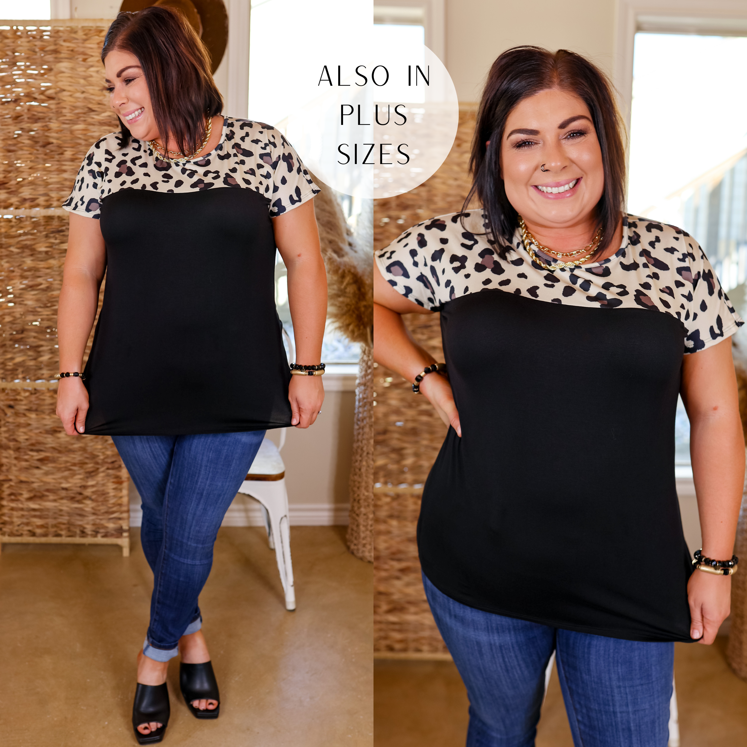 Model is wearing a short sleeve top with a leopard print across the upper portion. The model has this top paired with skinny jeans, black heels, and gold jewelry.