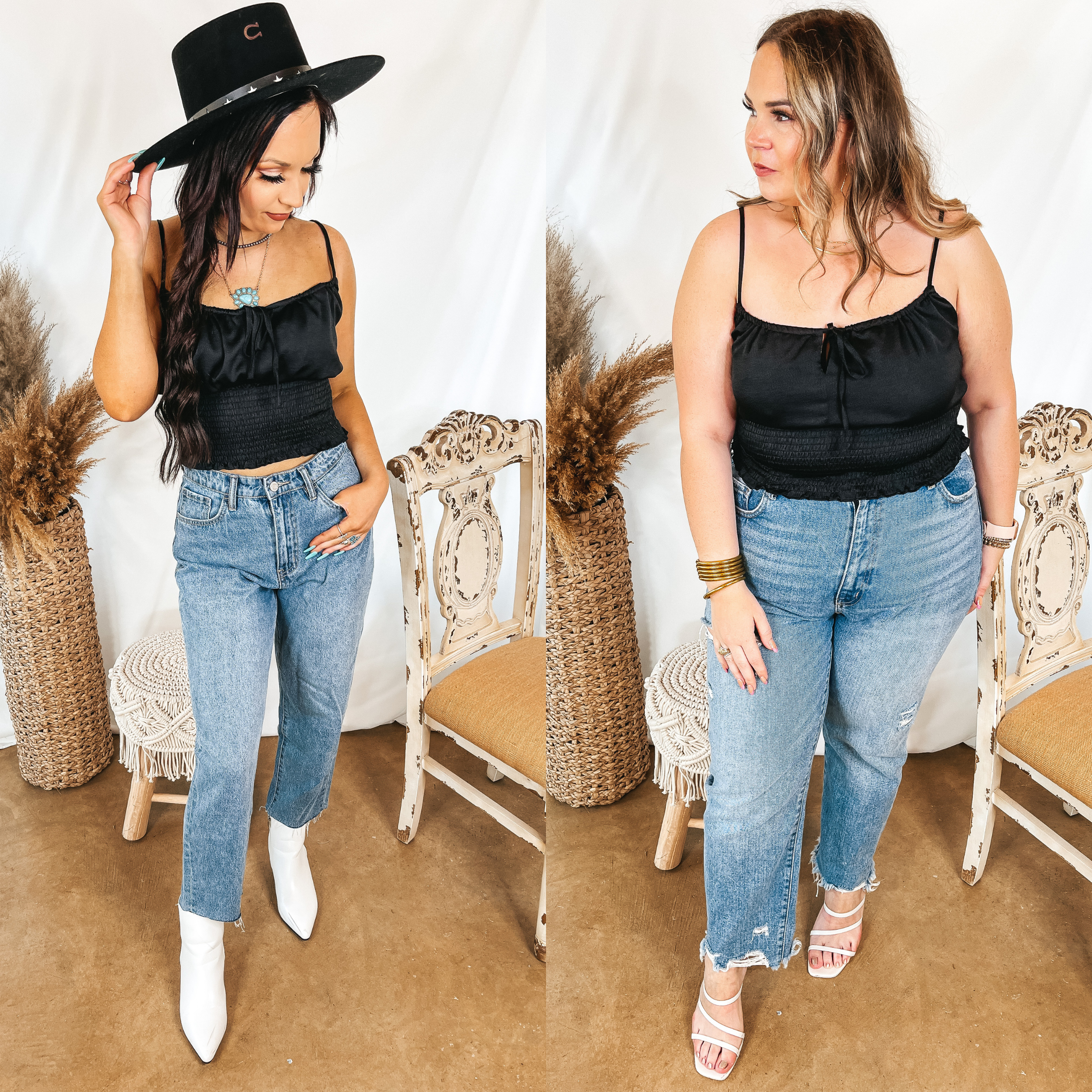 Models are wearing a spaghetti strap crop top. Size small model has it paired with light wash jeans, white booties, and a black hat. Size large model has it paired with light wash jeans, white strappy heels. and gold jewelry.