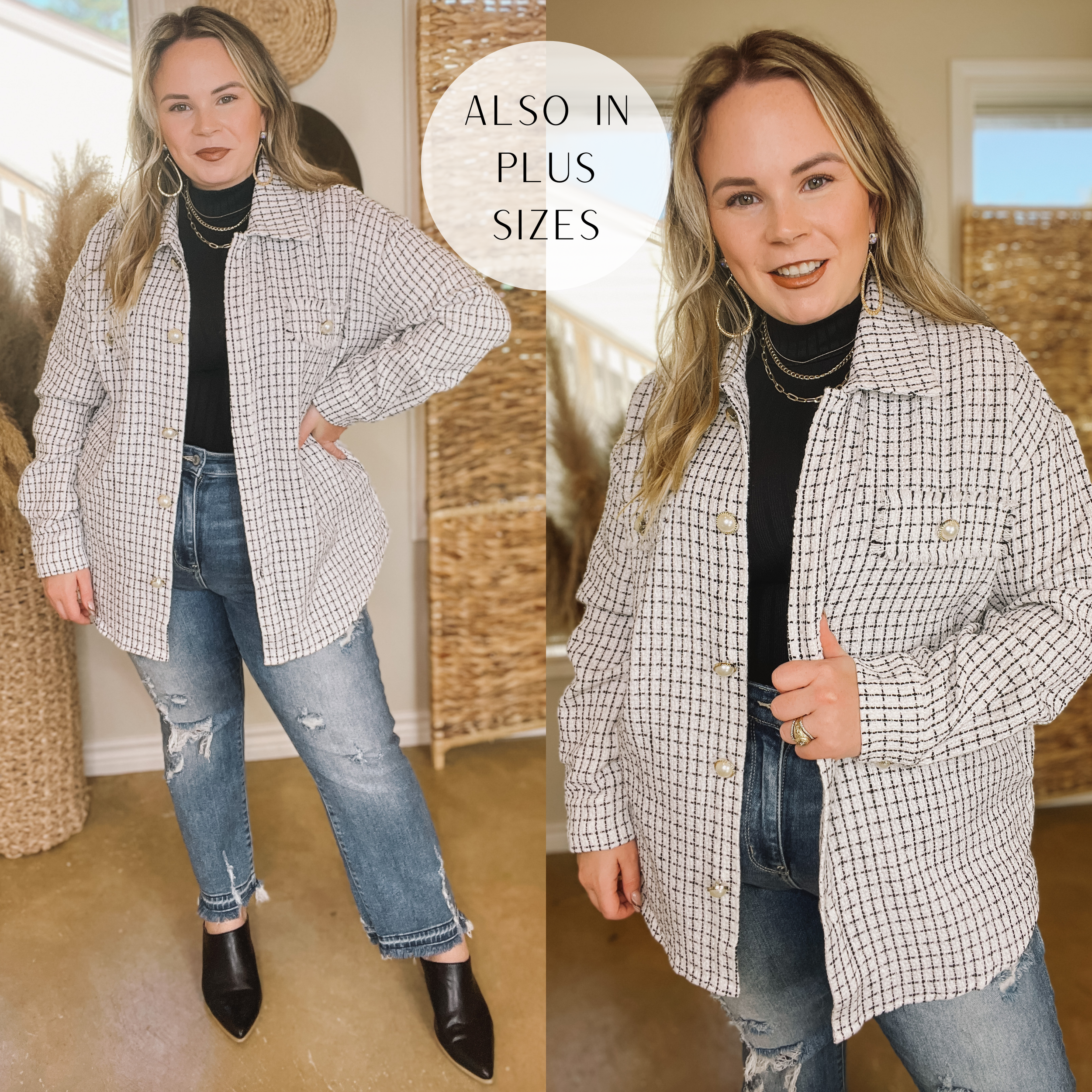 Model is wearing a white with black lines tweed jacket with pearl buttons along the front and on the pockets. Model has this jacket paired with a black undershirt, straight leg jeans, b lack mules, and gold jewelry. Background is hues of white and brown. 