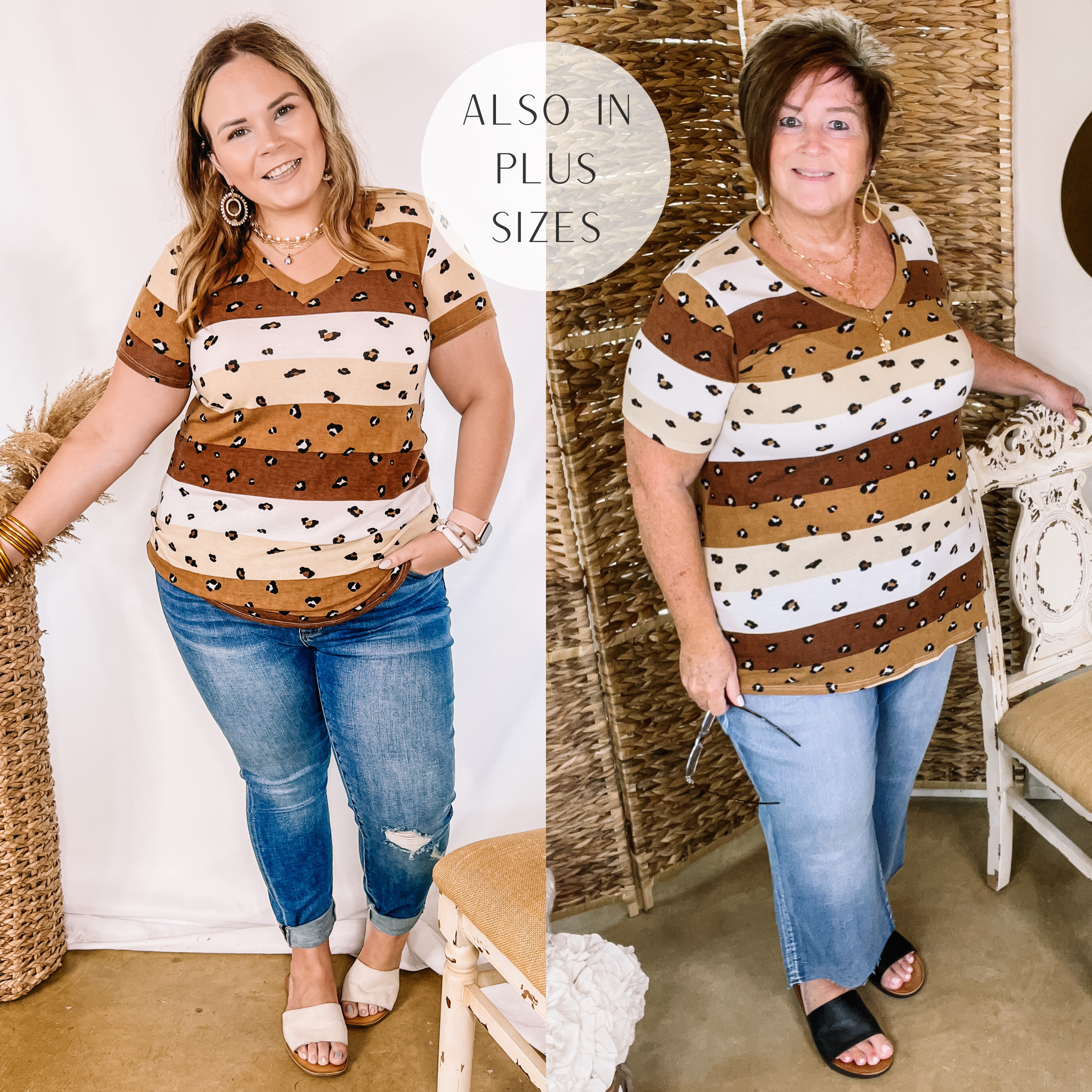 Model is wearing a v neck tee with a striped print with leopard spots. This tee is a mix of brown and beige. Model has it paired with cuffed jeans, white sandals, and gold jewelry.