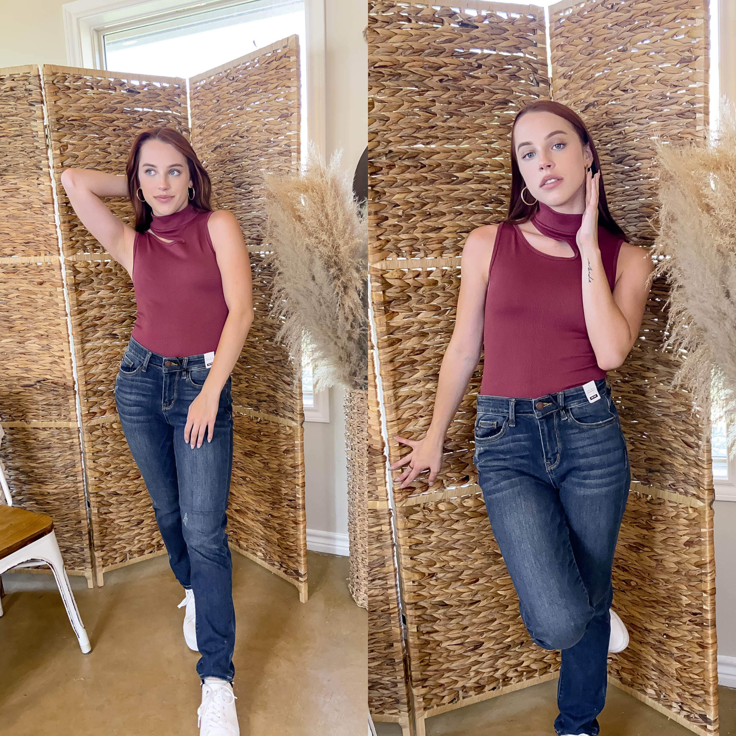 Model is wearing a burgundy, cutout, mock neck ribbed top. She is also wearing  gold hoop earrings, dark wash jeans, and white sneakers.