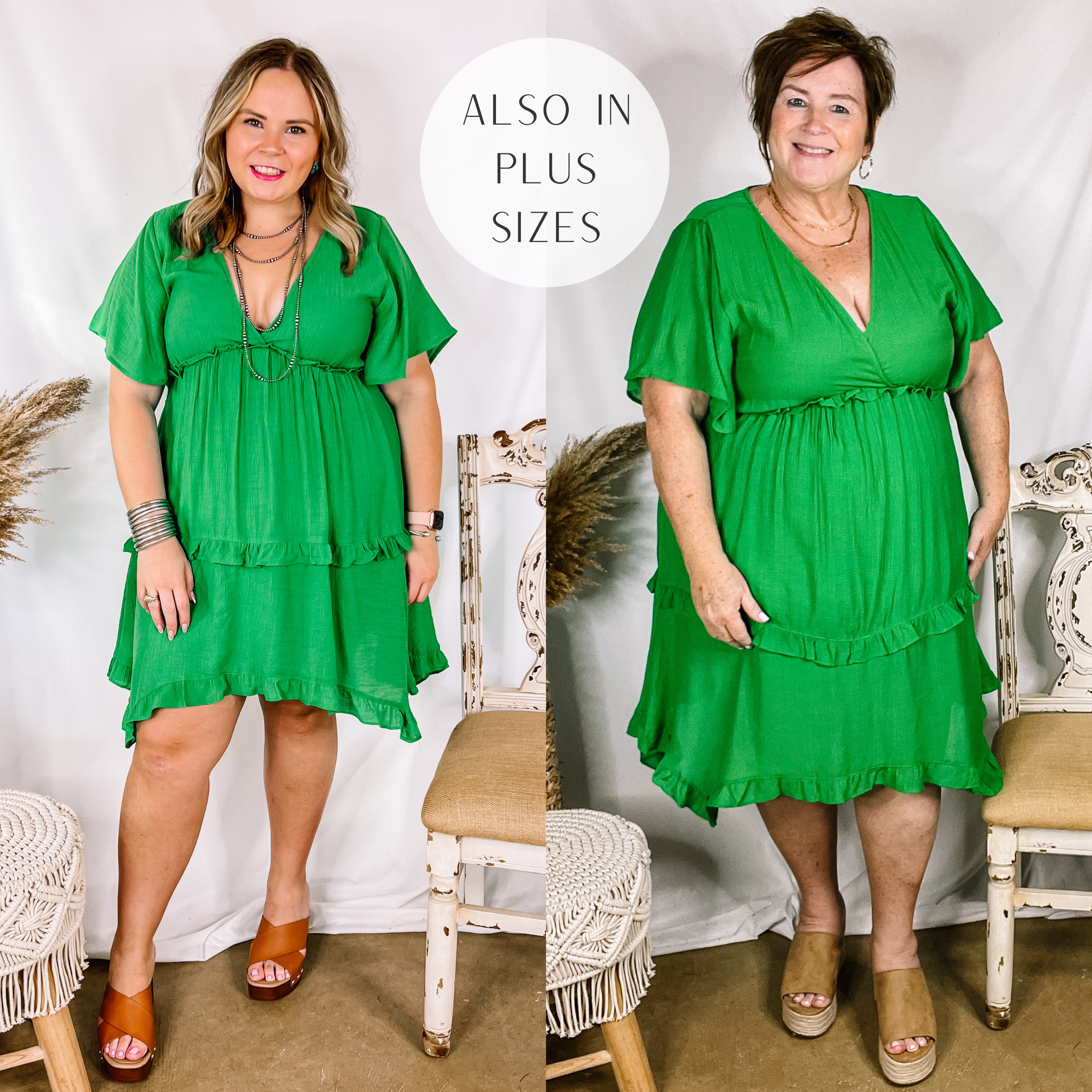Movie Moment Ruffle Detailed V Neck Dress in Green - Giddy Up Glamour Boutique