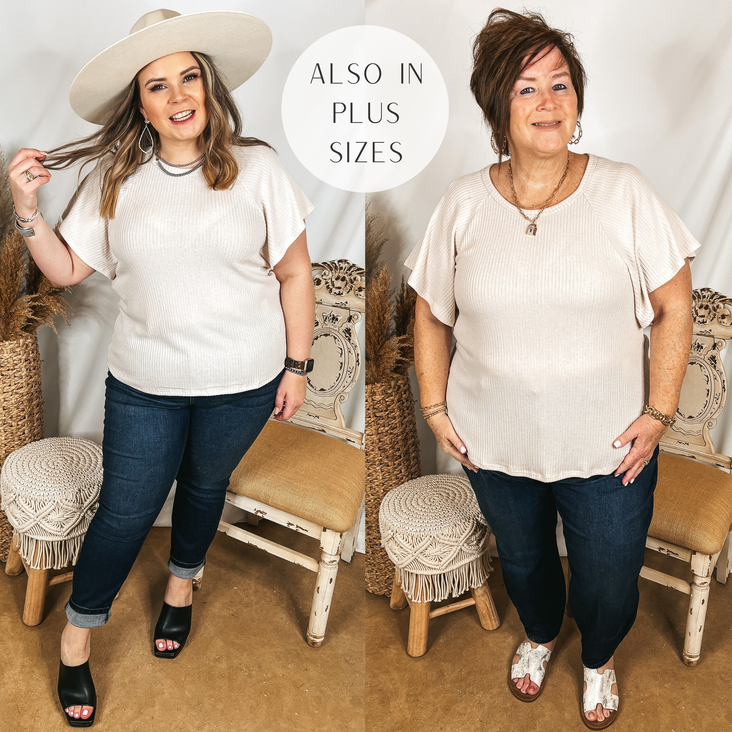 Models are wearing an ivory ribbed top that has flutter sleeves. Both models have it paired with dark wash, non distressed jeans. Size large model has it paired with an ivory hat and black heels. Plus size model has it paired with white sandals and gold jewelry.