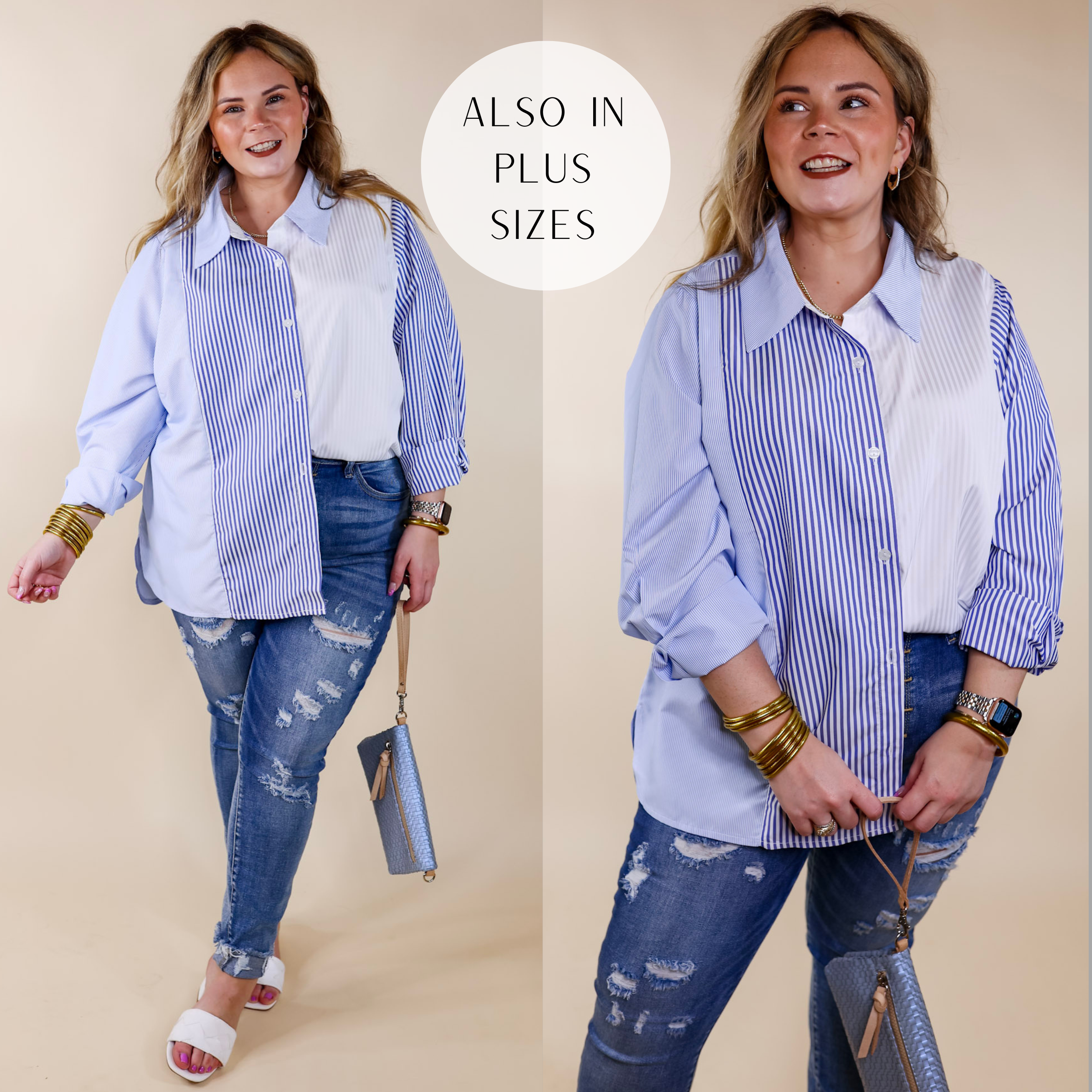 Back To You Pin Stripe Color Block Button Up Top in Blue and White - Giddy Up Glamour Boutique