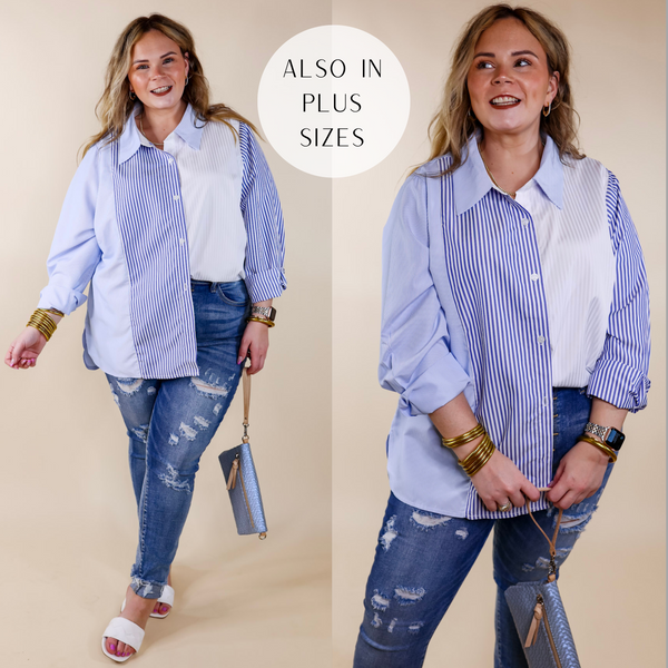 Back To You Pin Stripe Color Block Button Up Top in Blue and White