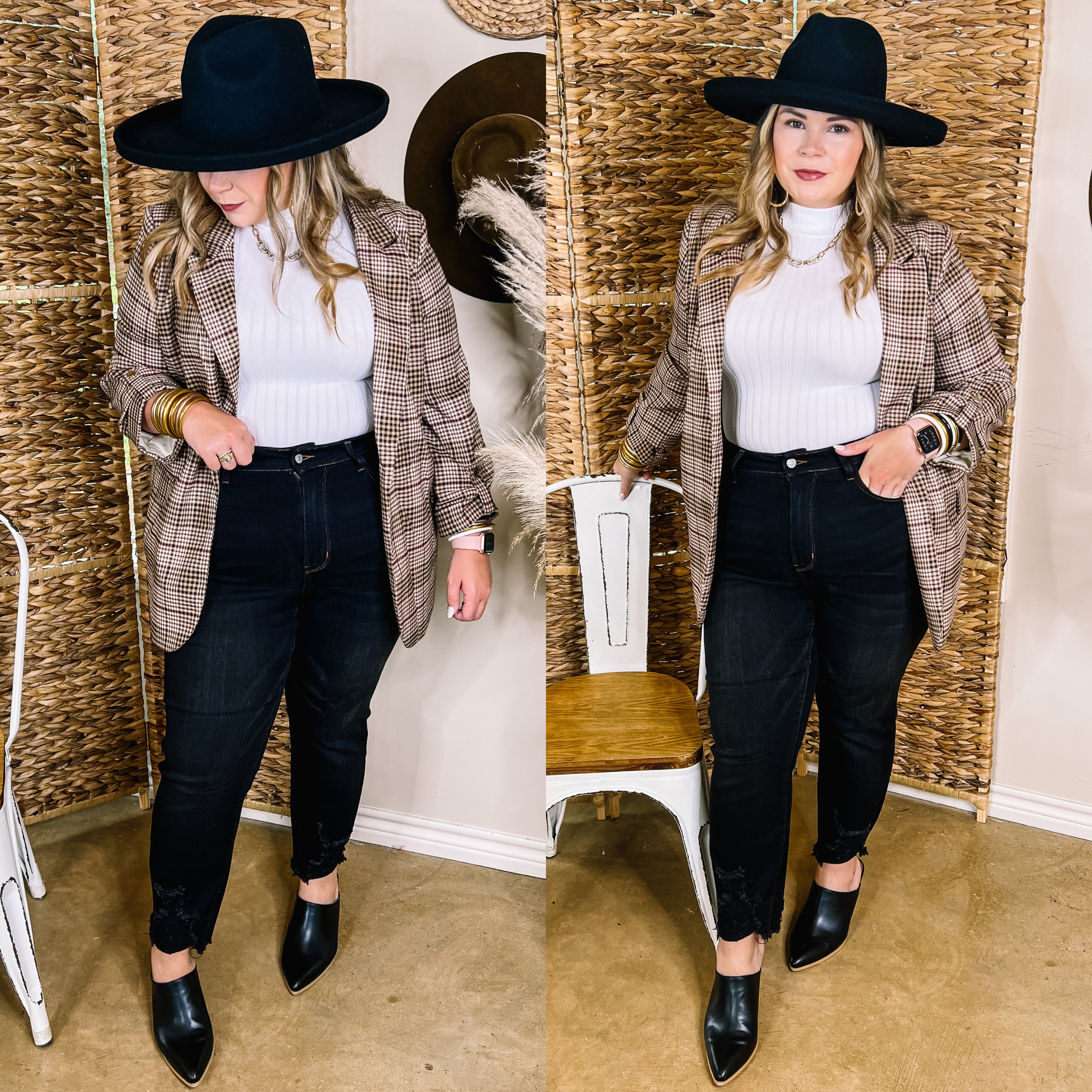 Model is wearing a brown plaid blazer with a collared neckline and 3/4 sleeves. Model has it paired with dark wash skinnies, black mules, a white tank, gold jewelry, and a black hat.