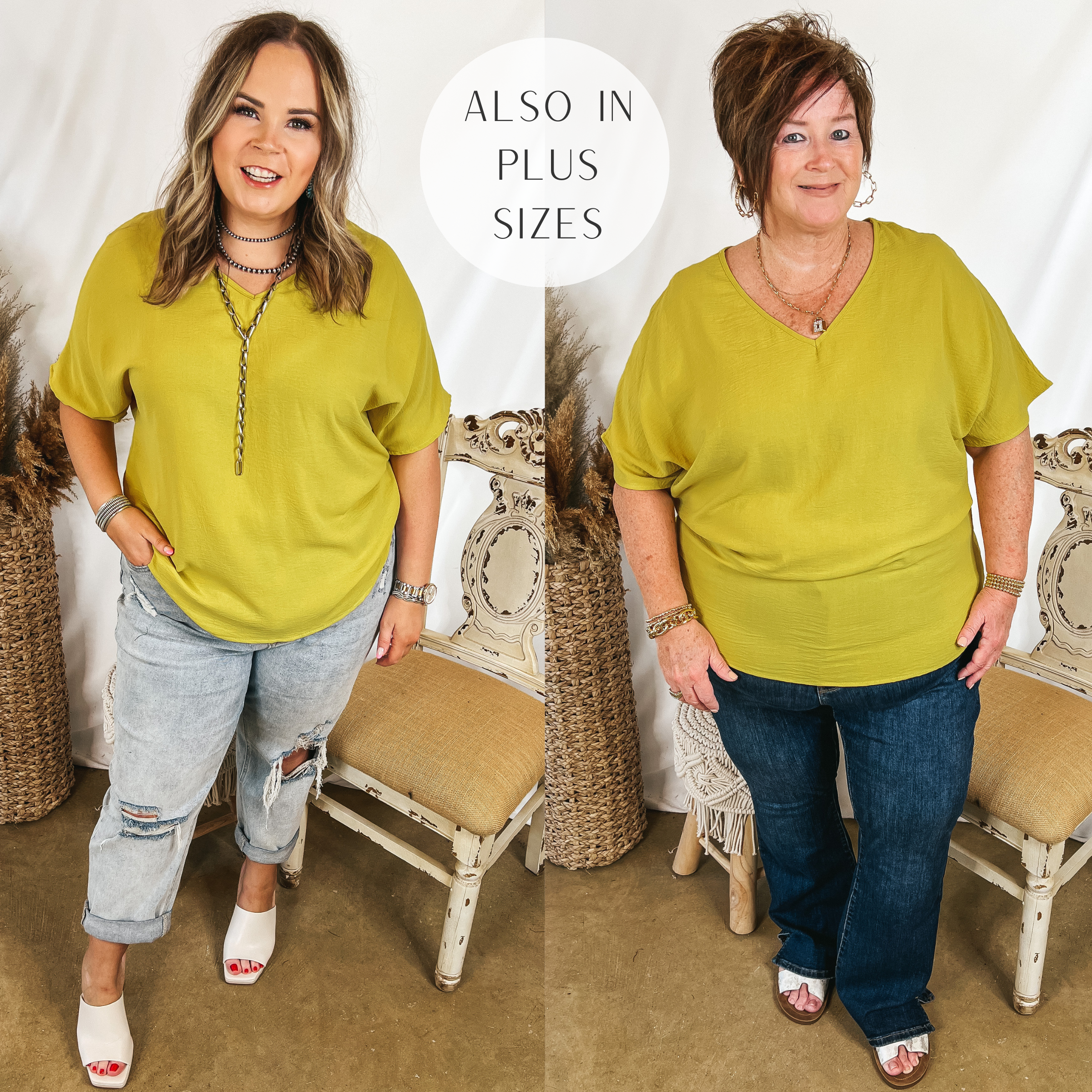 Models are wearing an oversized v neck tee that is a yellowish green color. Size large model has it paired with light wash jeans, white heels, and silver jewelry. Plus size model has it paired with bootcut jeans, white sandals, and gold jewelry.