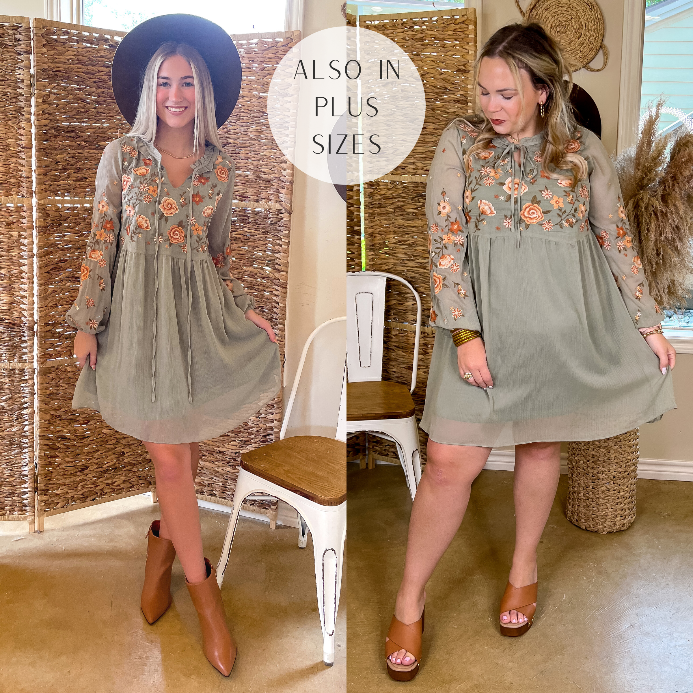 Model is wearing a long sleeve sage green dress with a keyhole and rust orange floral embroidery. Model has it paired with tan booties and a brown hat.