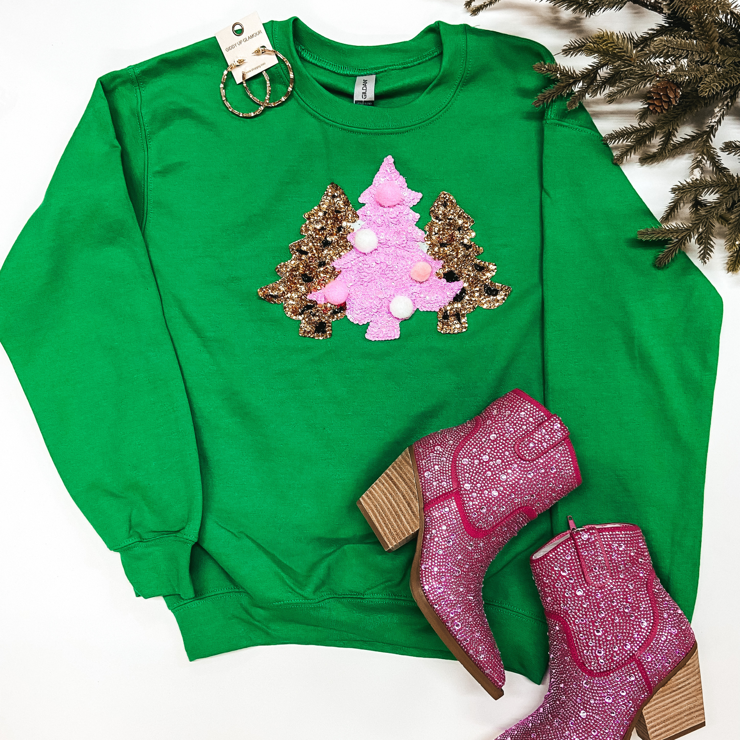 All I Want For Christmas Sequin Christmas Tree Graphic Sweatshirt in Green - Giddy Up Glamour Boutique