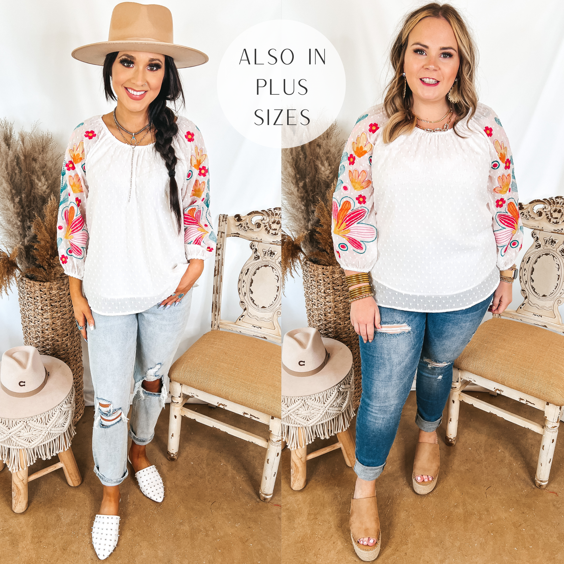 Models are wearing a swiss dot blouse that has floral embroidery on the sleeves. Size small model has it paired with light wash boyfriend jeans, a tan hat, and white mules. Size large model has it paired with distressed skinny jeans, tan wedges, and gold jewelry.