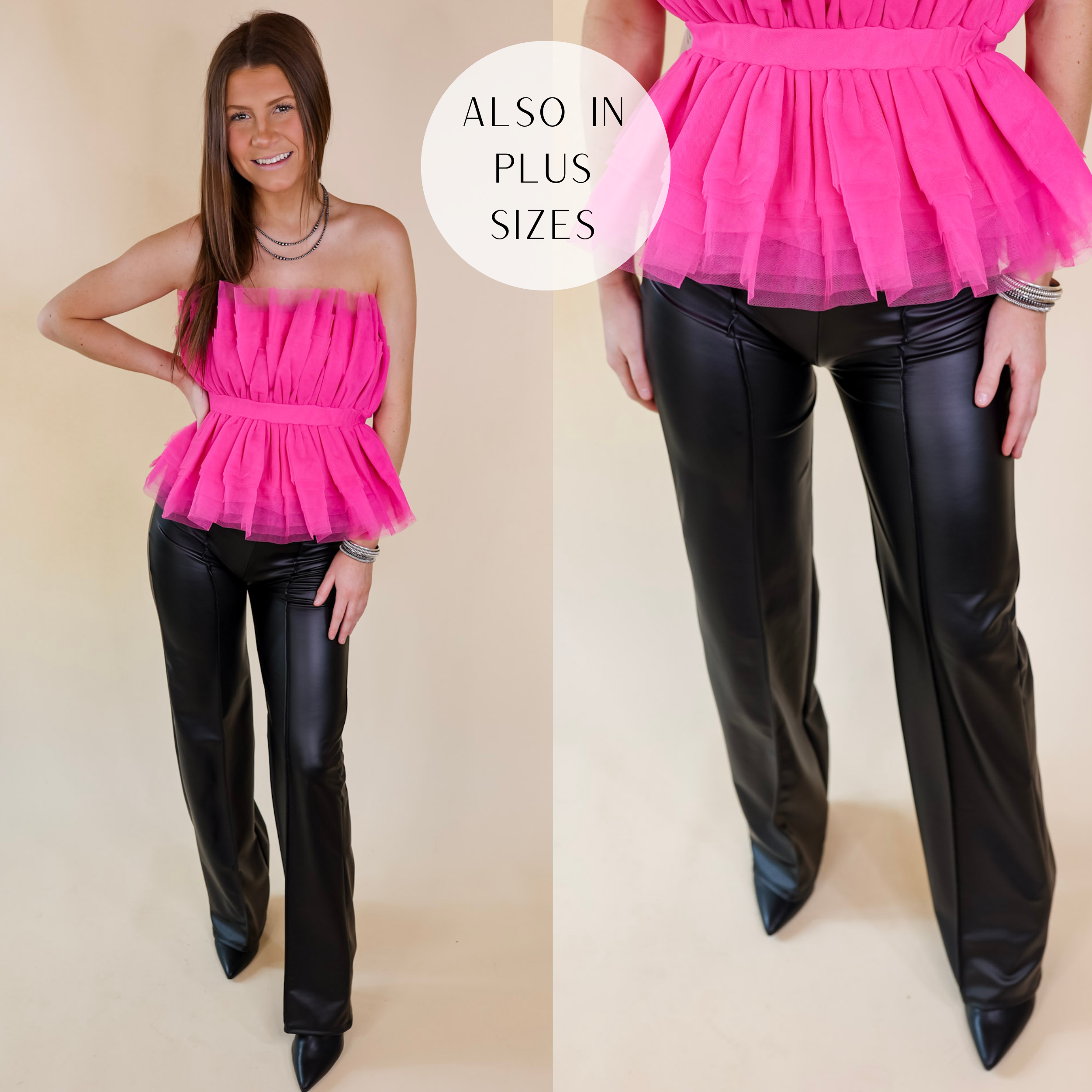 Model is wearing a pair of black faux leather pants with a wide leg and seem down the front. Model has it paired with a pink tulle top, silver jewelry, and black booties.