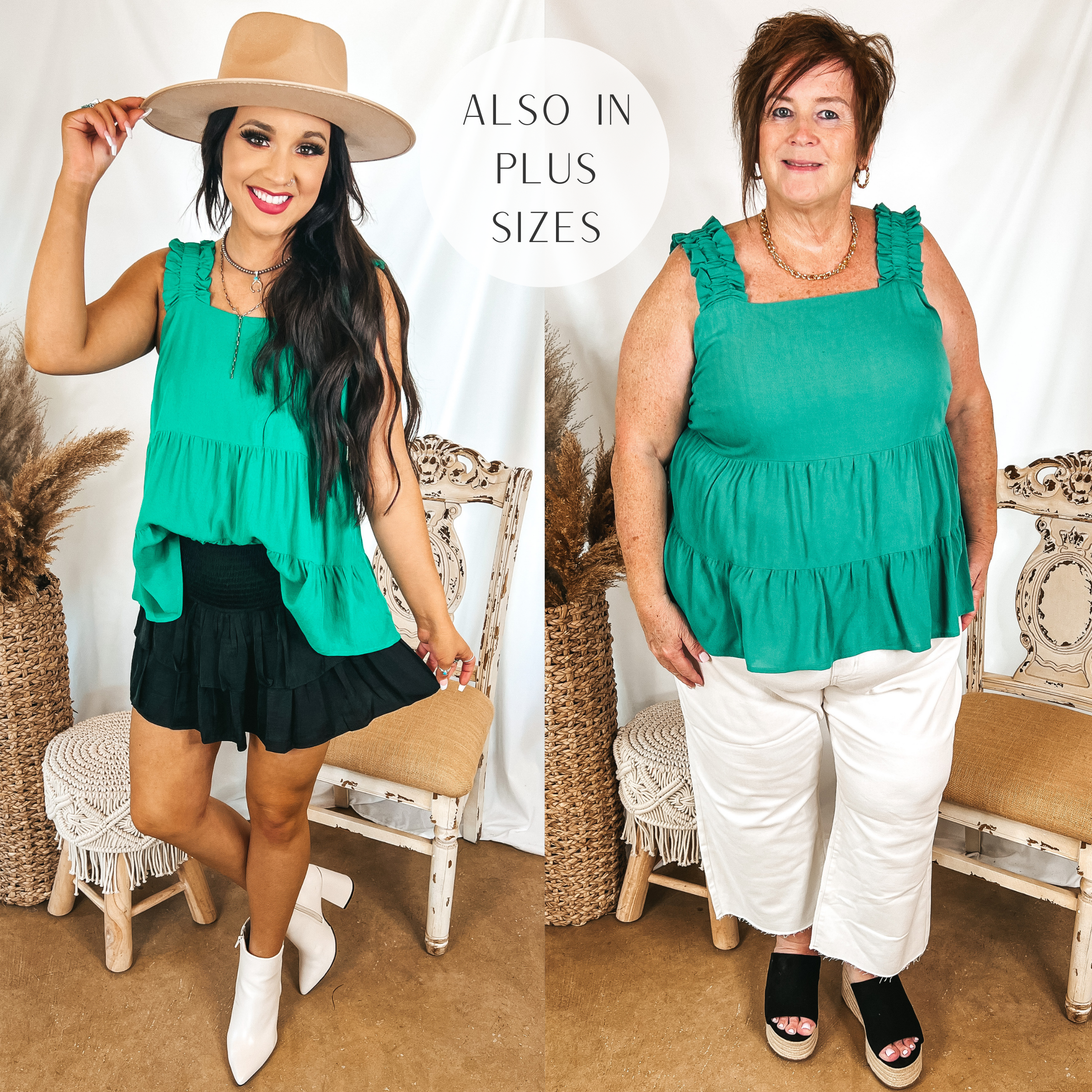 Models are wearing a green tank top that has ruched straps. Size small model has it paired with a black skirt, white booties, and a tan hat. Plus size model has it paired with white cropped jeans, black wedges, and gold jewelry.