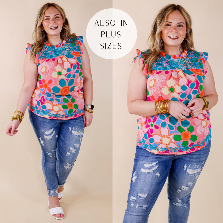 Timeless Treasure Floral Print Top with Ruffle Cap Sleeves and Turquoise Embroidery in Coral Pink - Giddy Up Glamour Boutique