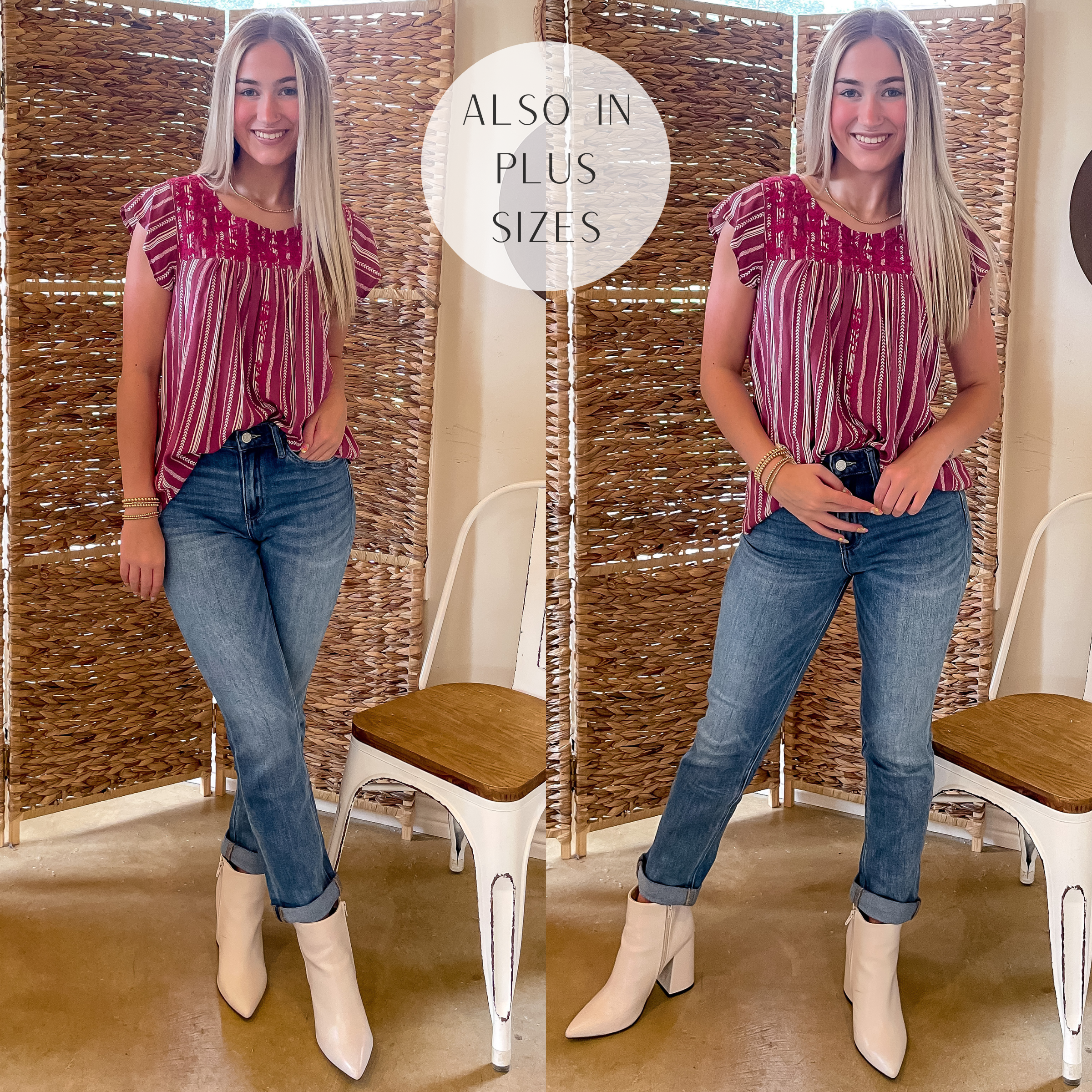Model is wearing a ruffle cap sleeve top with an ivory stripe print and floral embroidery around the neckline. Model has it paired with boyfriend jeans, white booties, and gold jewelry.