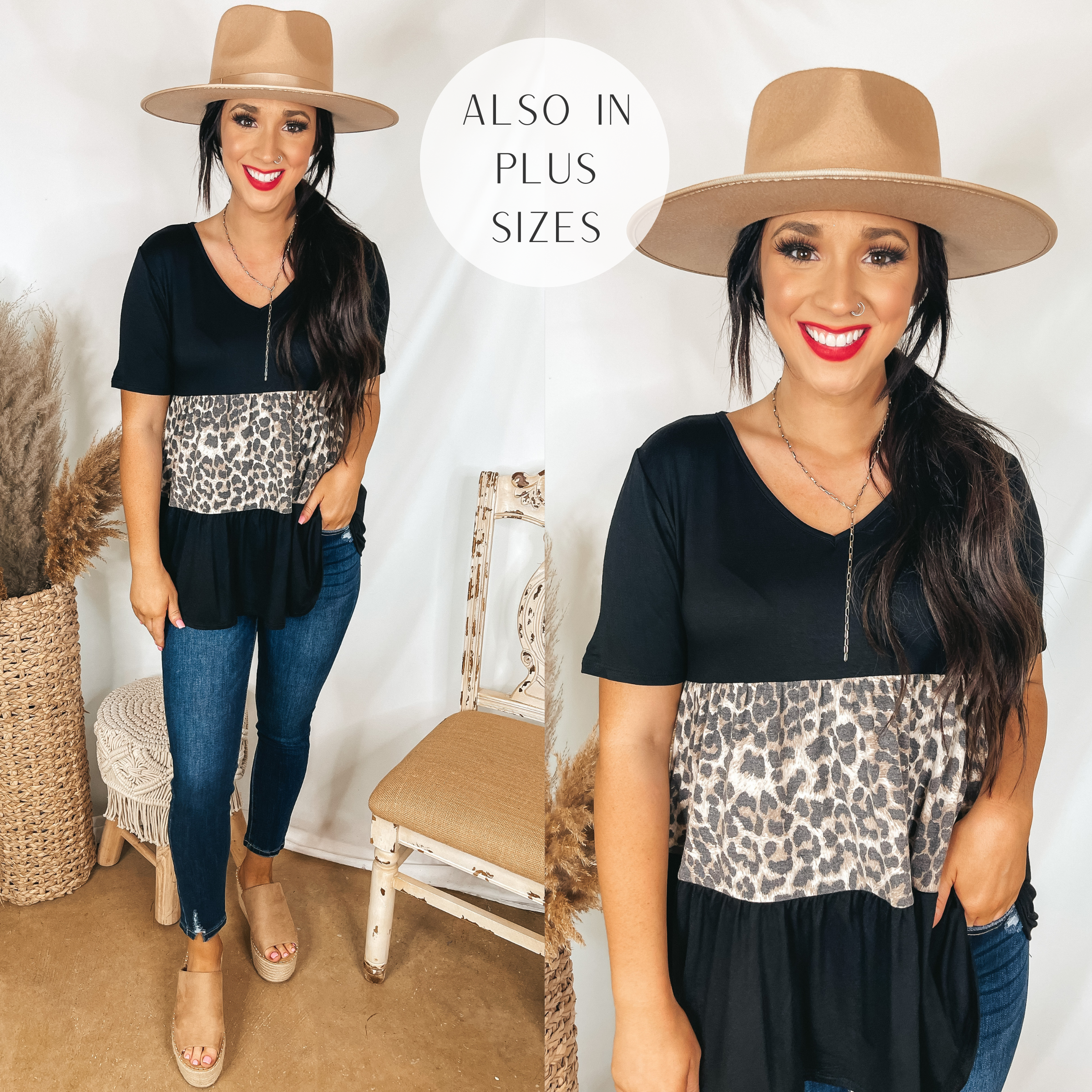 Model is wearing a leopard print and black tiered top with a v neckline. Model has it paired with dark wash skinny jeans, tan wedges, and a tan hat.