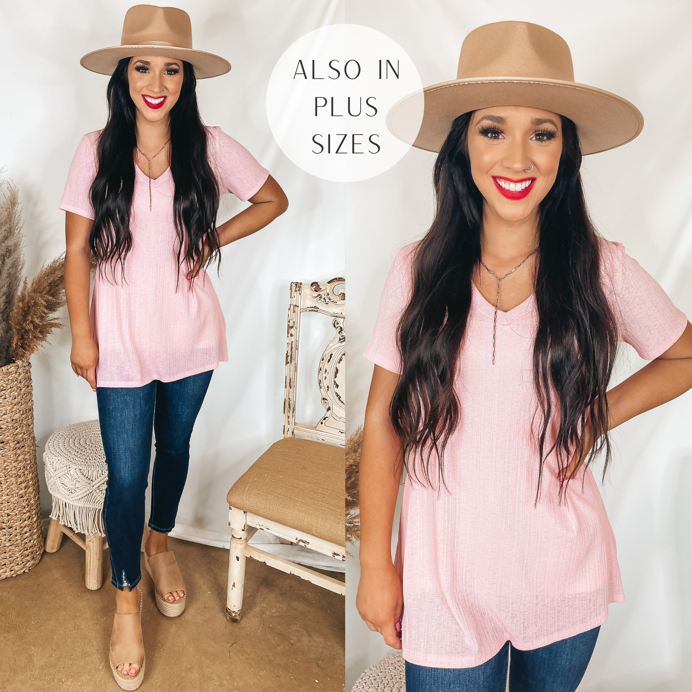 Model is wearing a baby pink ribbed top that has a v neck and short sleeves. Model has it paired with dark wash skinny jeans, tan wedges, and a tan hat.