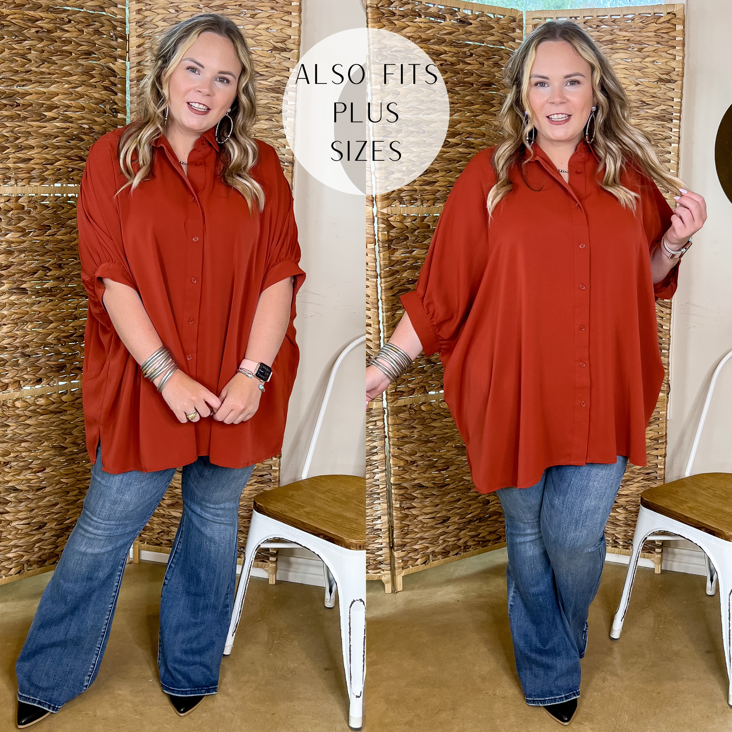 City Lifestyle Button Up Half Sleeve Poncho Top in Rust Orange - Giddy Up Glamour Boutique